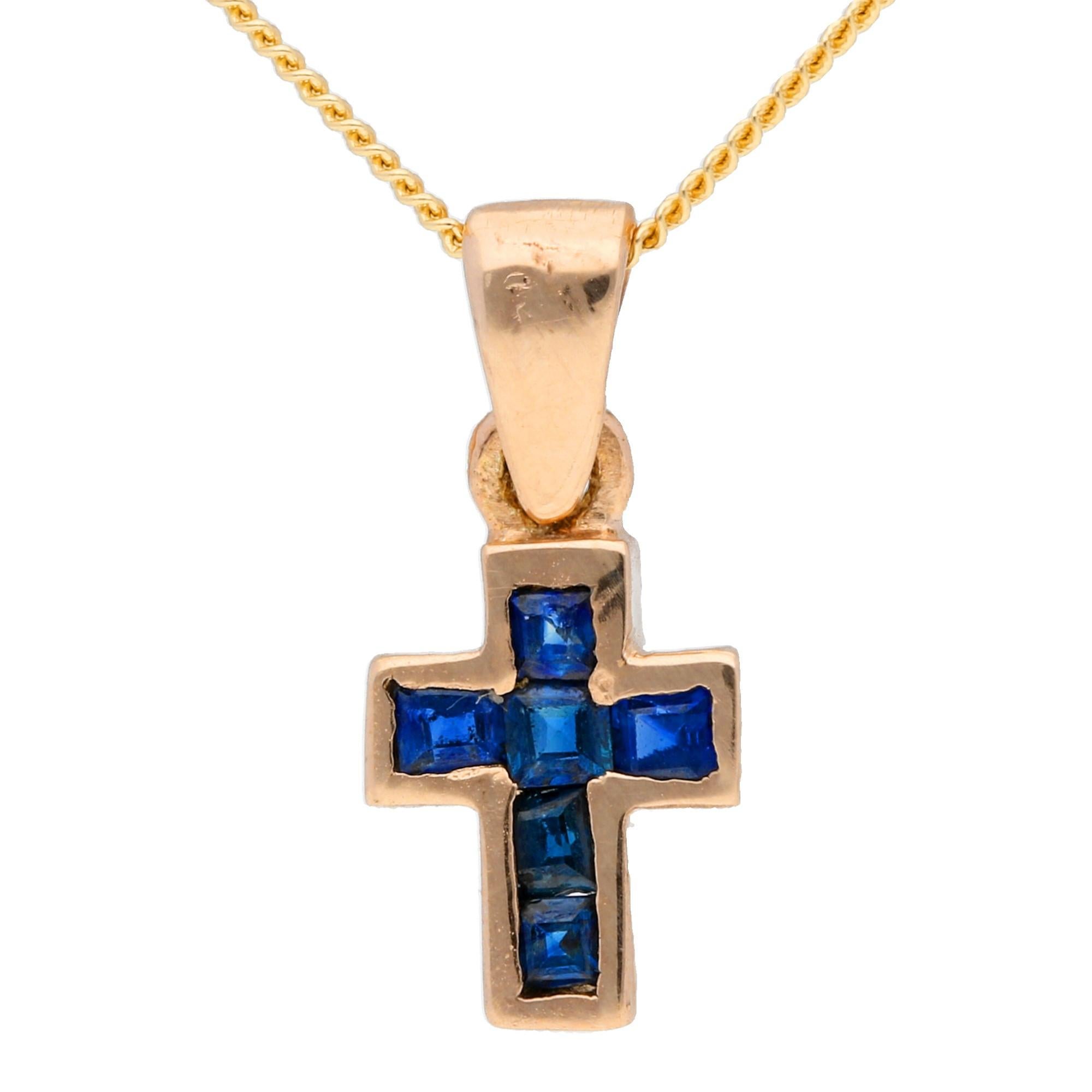 Handcrafted Rose Gold Italian 0.45 Carat Sapphire Cross Pendant For Sale
