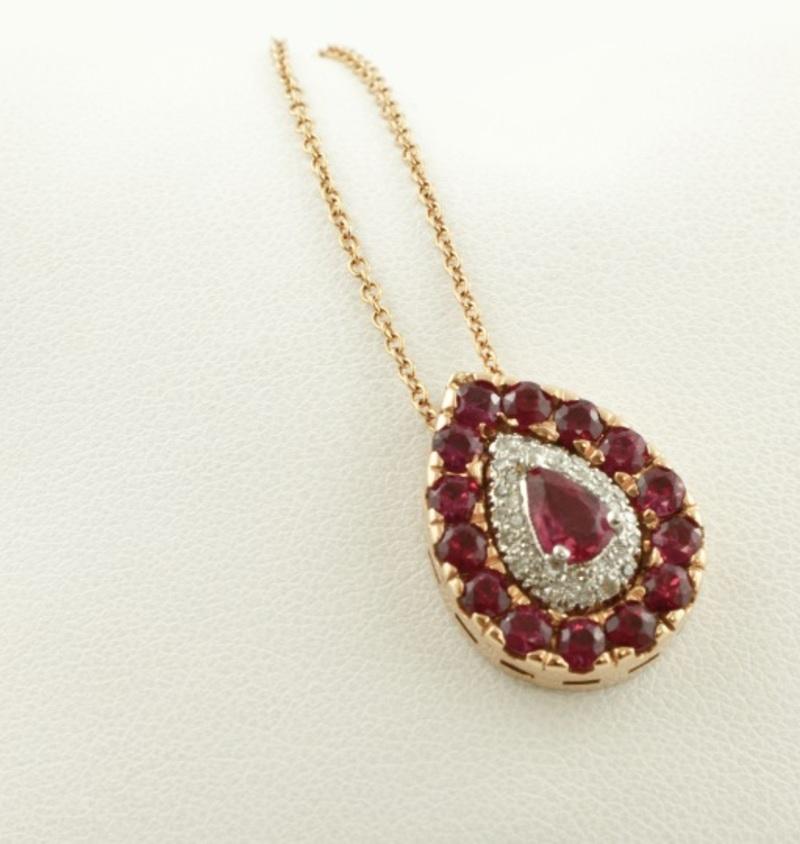 Mixed Cut Handcrafted Rose Gold Necklace with Drop Pendant of Diamonds and Rubies For Sale