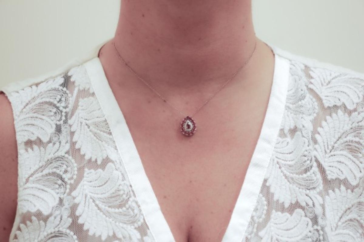 Women's Handcrafted Rose Gold Necklace with Drop Pendant of Diamonds and Rubies For Sale