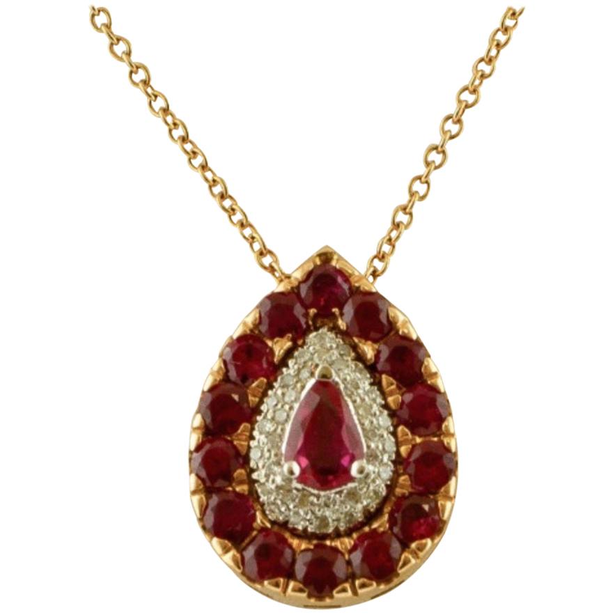 Handcrafted Rose Gold Necklace with Drop Pendant of Diamonds and Rubies