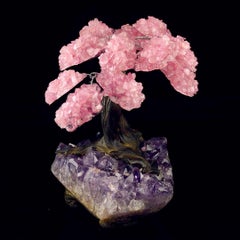 Handcrafted Rose Quartz Gemstone Tree Sculpture on Amethyst Base from Brazil