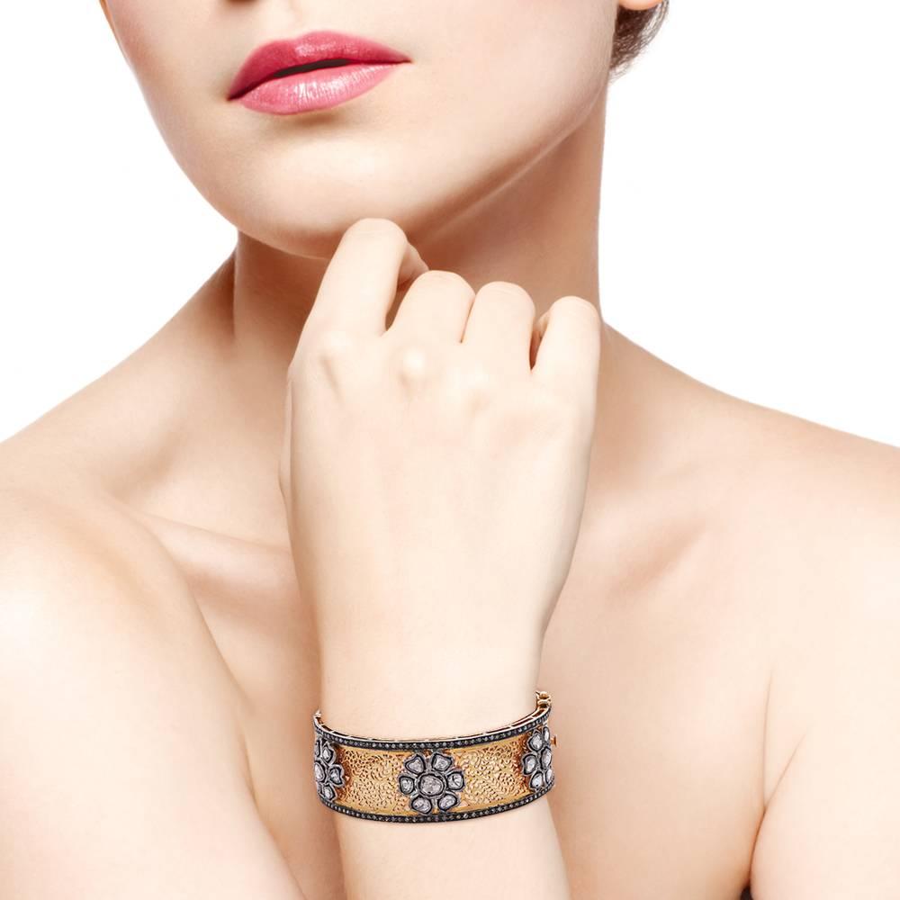 Mixed Cut Handcrafted Rosecut Bracelet With Diamonds Made In 14k Gold For Sale