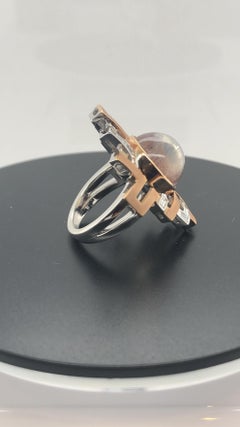 Handcrafted Round Cabochon Moonstone and Baguette Diamond Art Deco Cocktail Ring