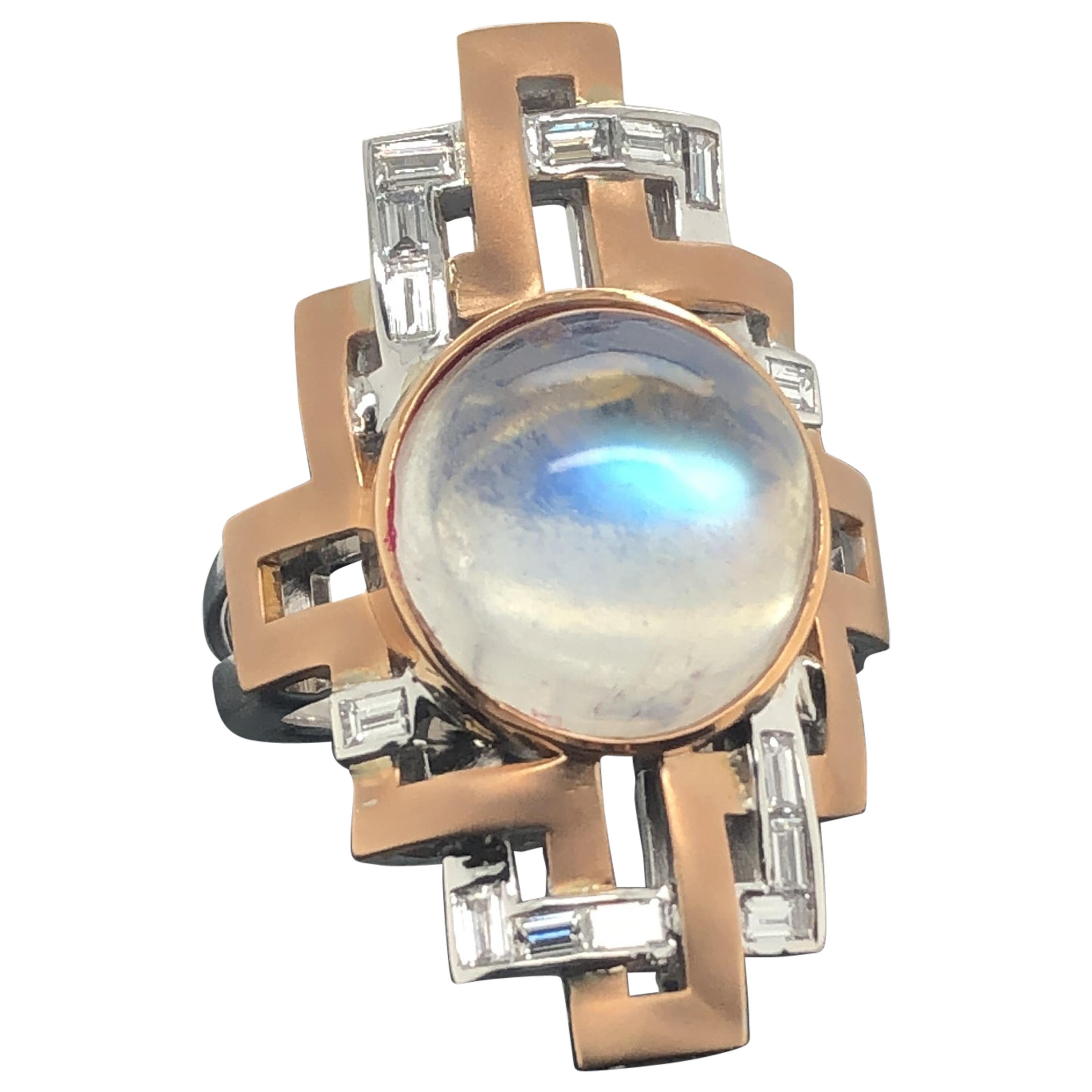 Handcrafted Round Cabochon Moonstone and Baguette Diamond Art Deco Cocktail Ring For Sale