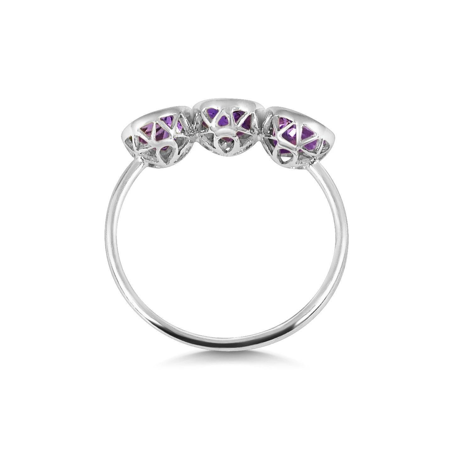 Contemporary Handcrafted Round Cut 1.50 Carats Amethysts 18 Karat White Gold Three-Stone Ring For Sale