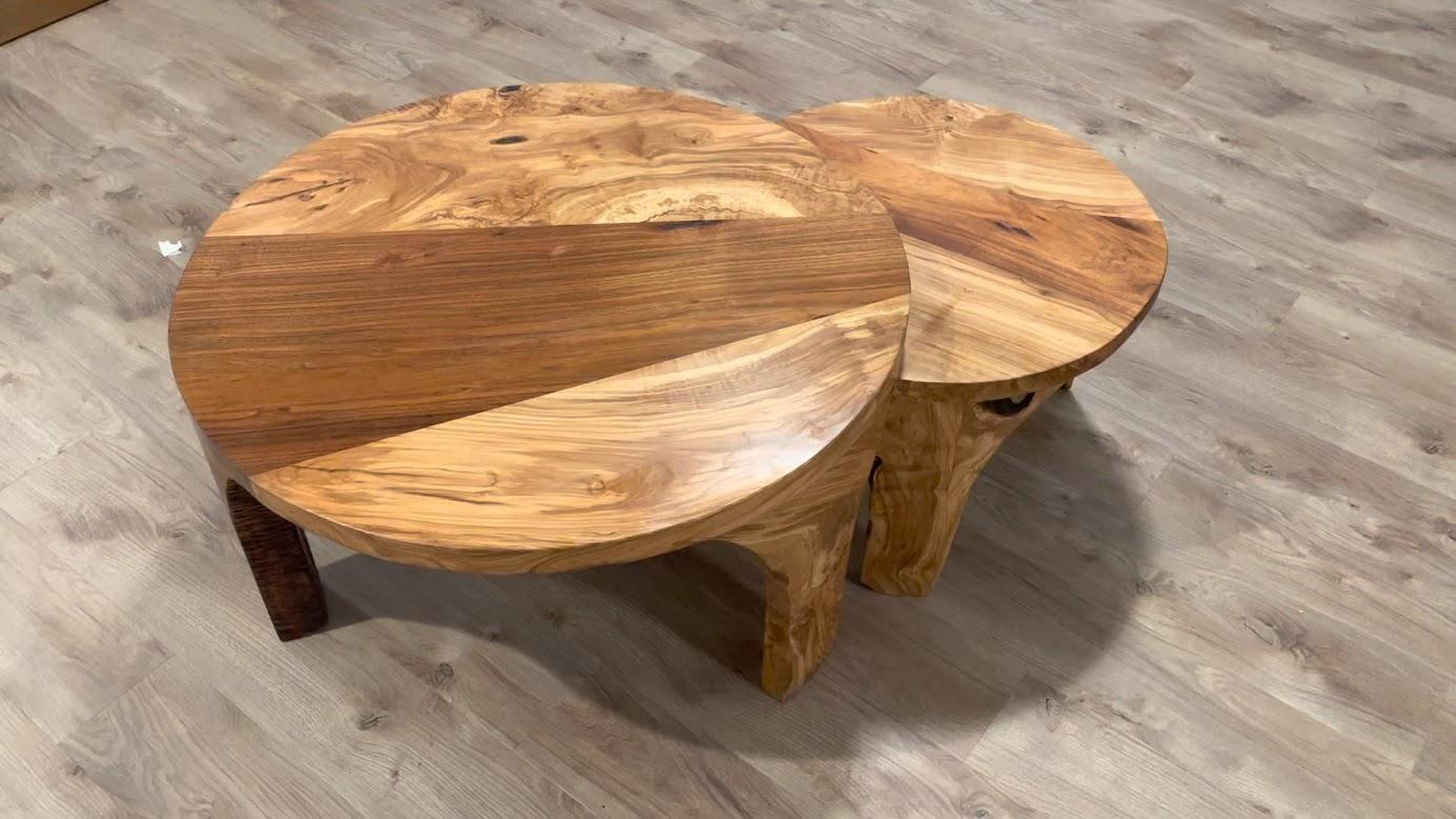 Handcrafted Round Nesting Coffee Tables in Natural Wood For Sale 3
