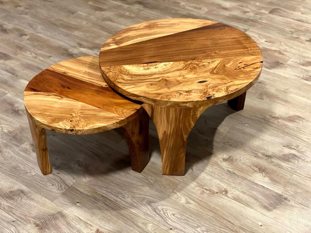 Handcrafted Round Nesting Coffee Tables in Natural Wood For Sale 2