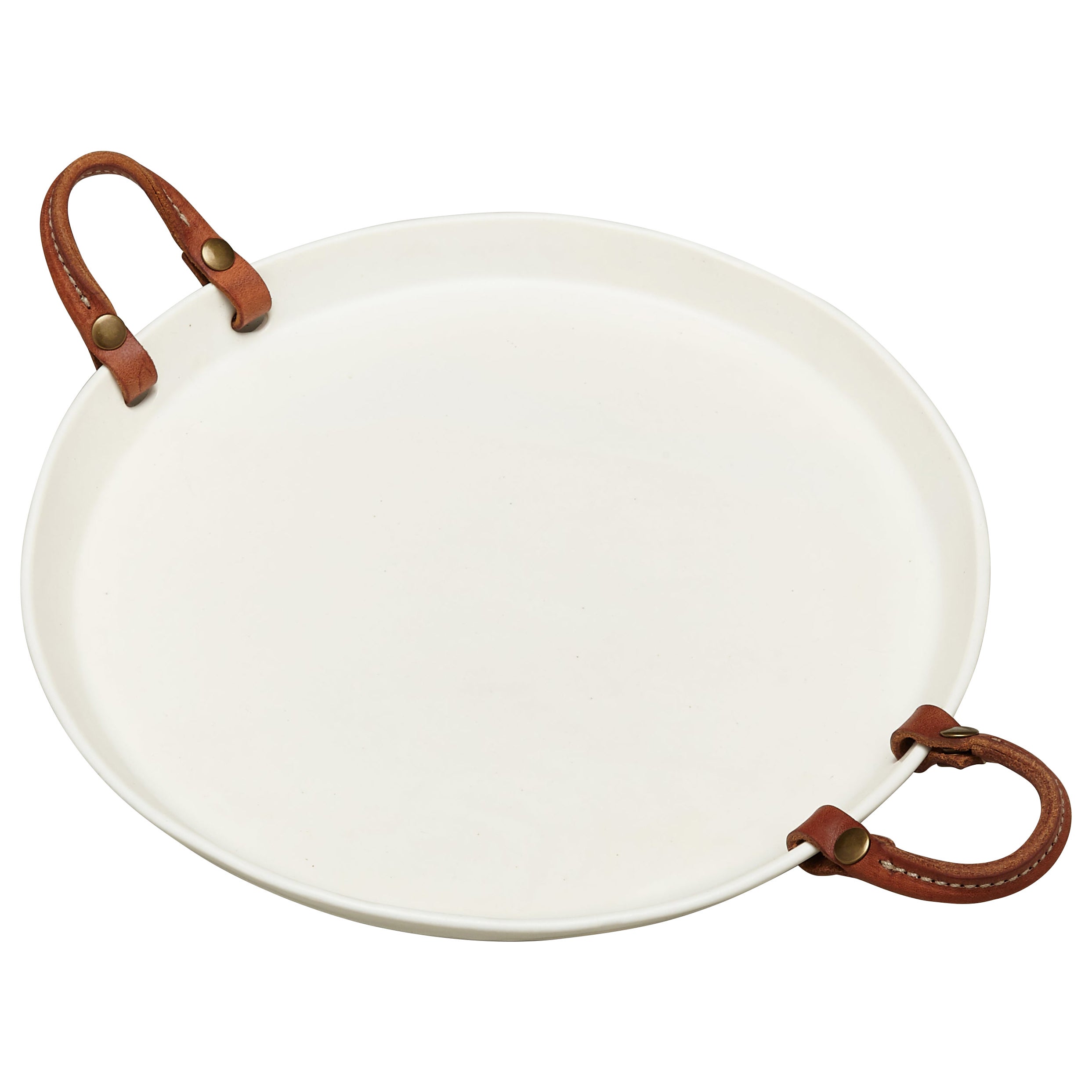 Plateau de service rond en porcelaine fait à la main Poignées en cuir