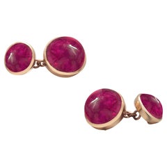 Handcrafted Ruby Cabochon Double-Sided Cufflinks 14K Gold Bezel Set
