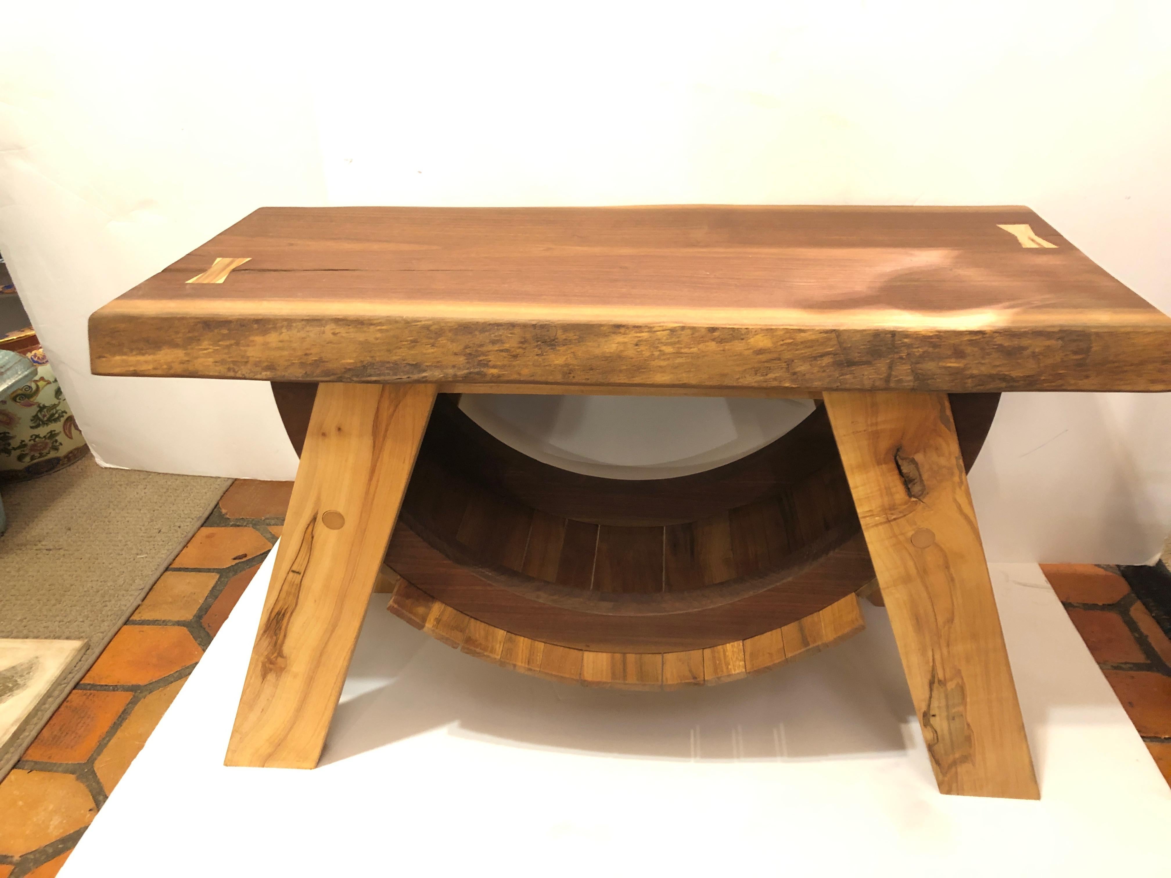 A great looking handcrafted live edge wooden slab end table or bench by Amish craftsman Mervin Fisher.