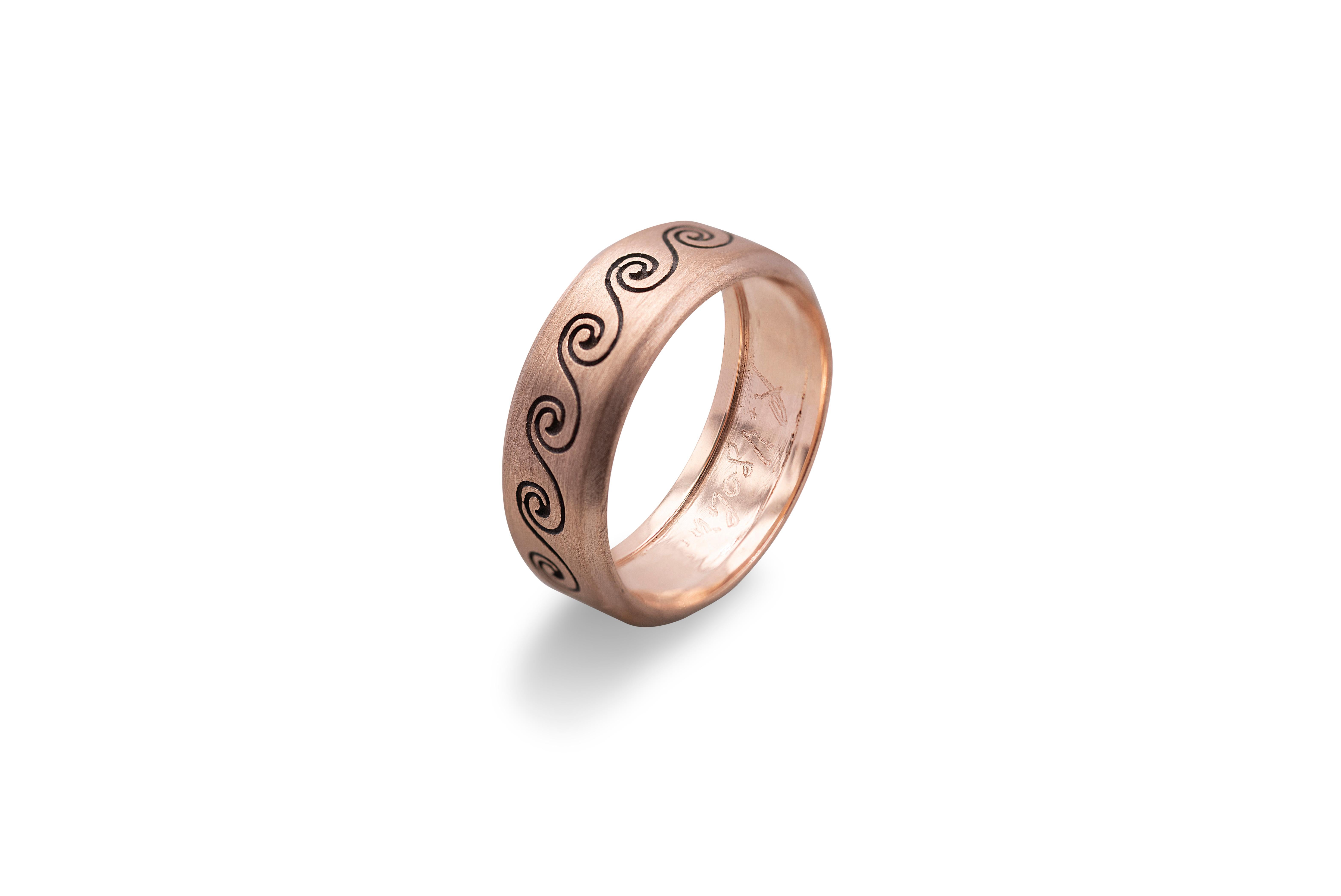 Handcrafted Satin 18 Karat Rose Gold Handgraved Wave Men Design Band Ring For Sale 5