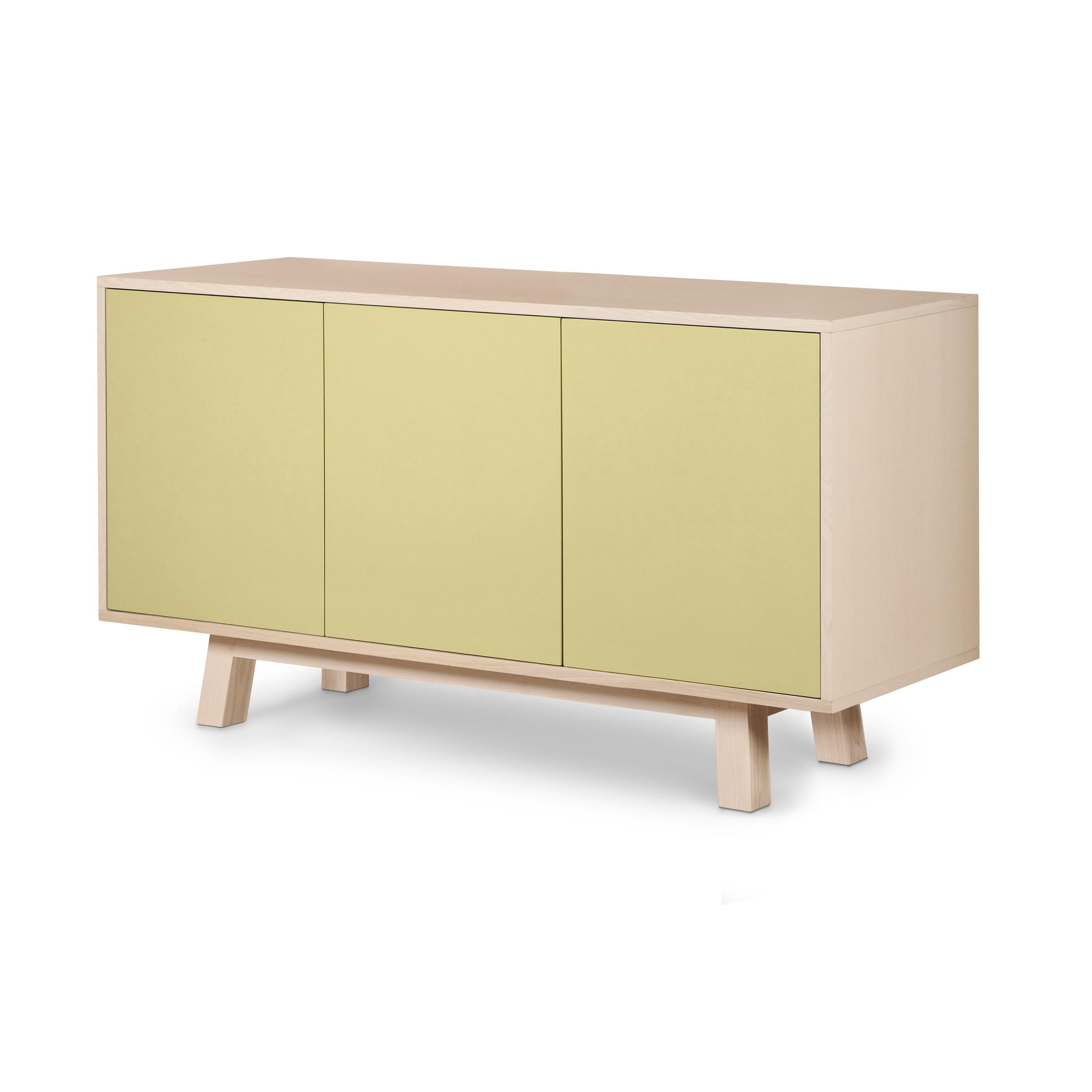 French Handcrafted scandiavian design light yellow 3-door sideboard, Eric Gizard Paris For Sale