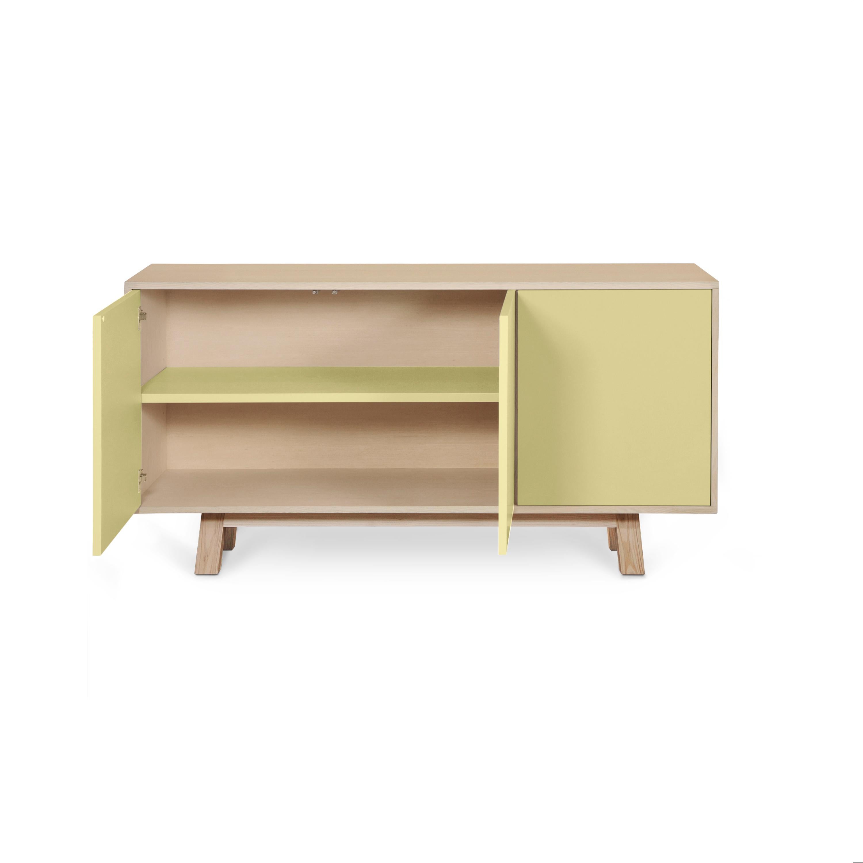 Lacquered Handcrafted scandiavian design light yellow 3-door sideboard, Eric Gizard Paris For Sale
