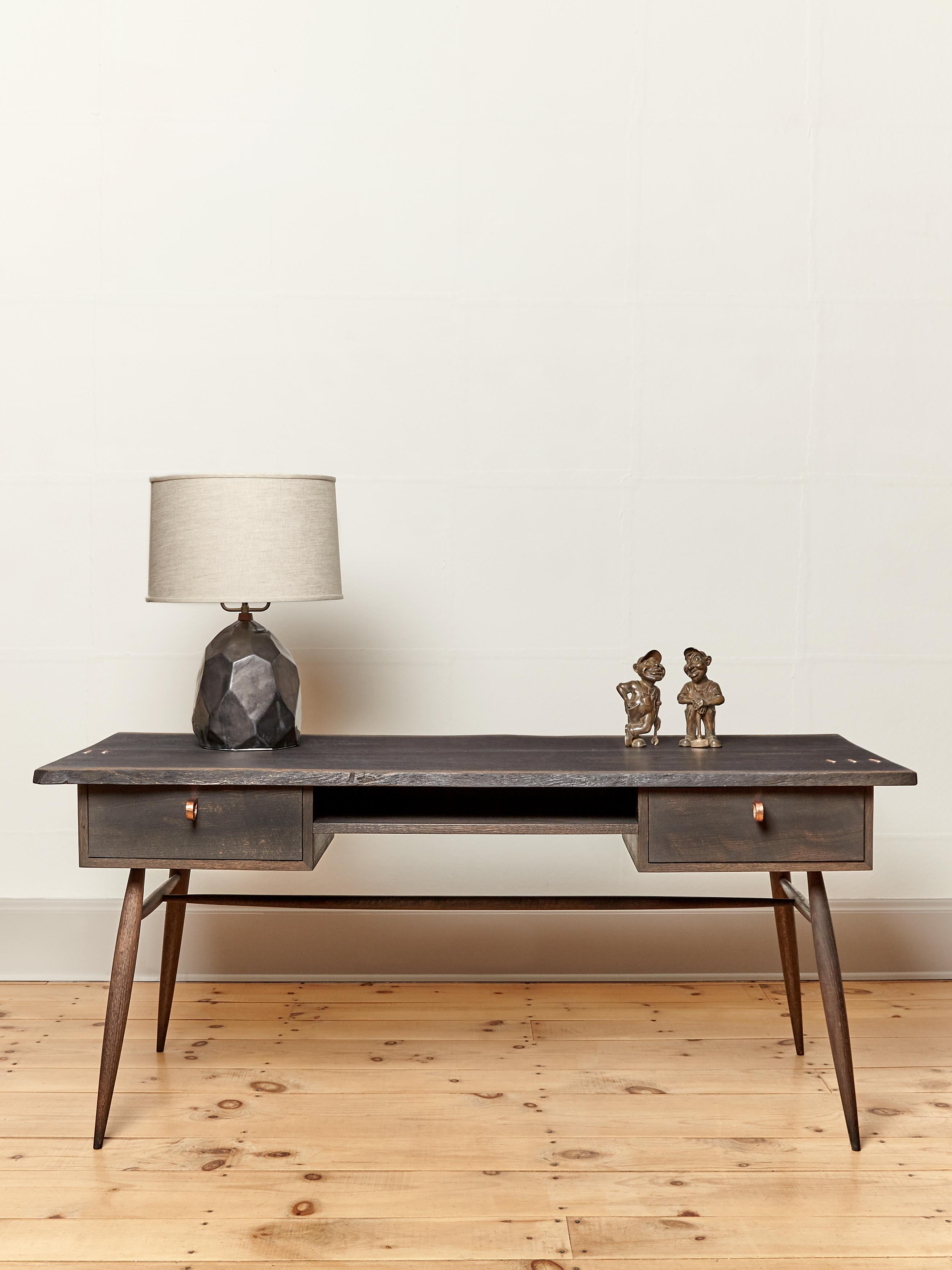 American Handcrafted Sculptural Blackened Oak Desk with Copper Staples For Sale
