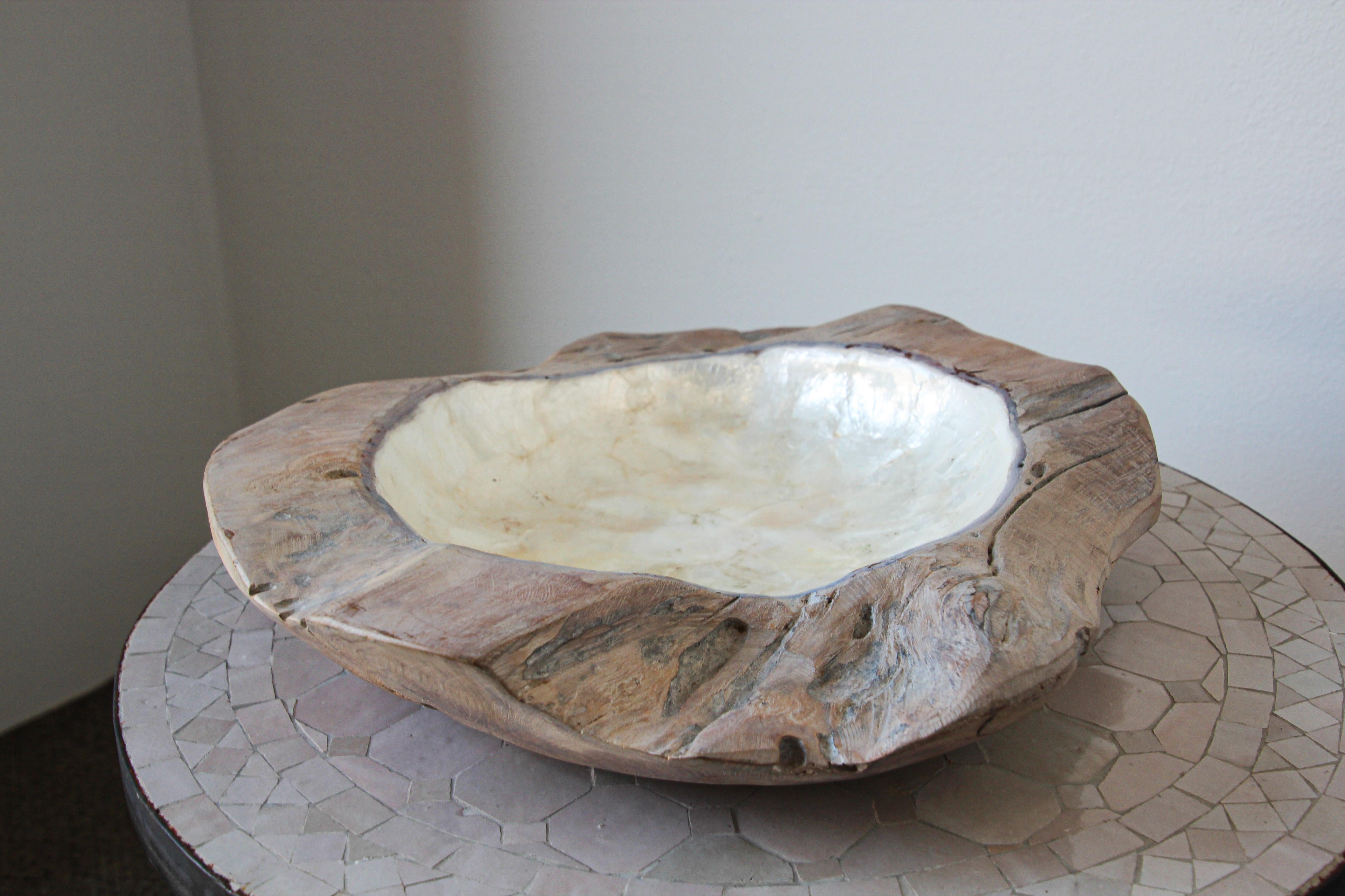 Handcrafted Sculptural Brutalist Freeform Teak Bowl with Capiz Pearl Shell 3