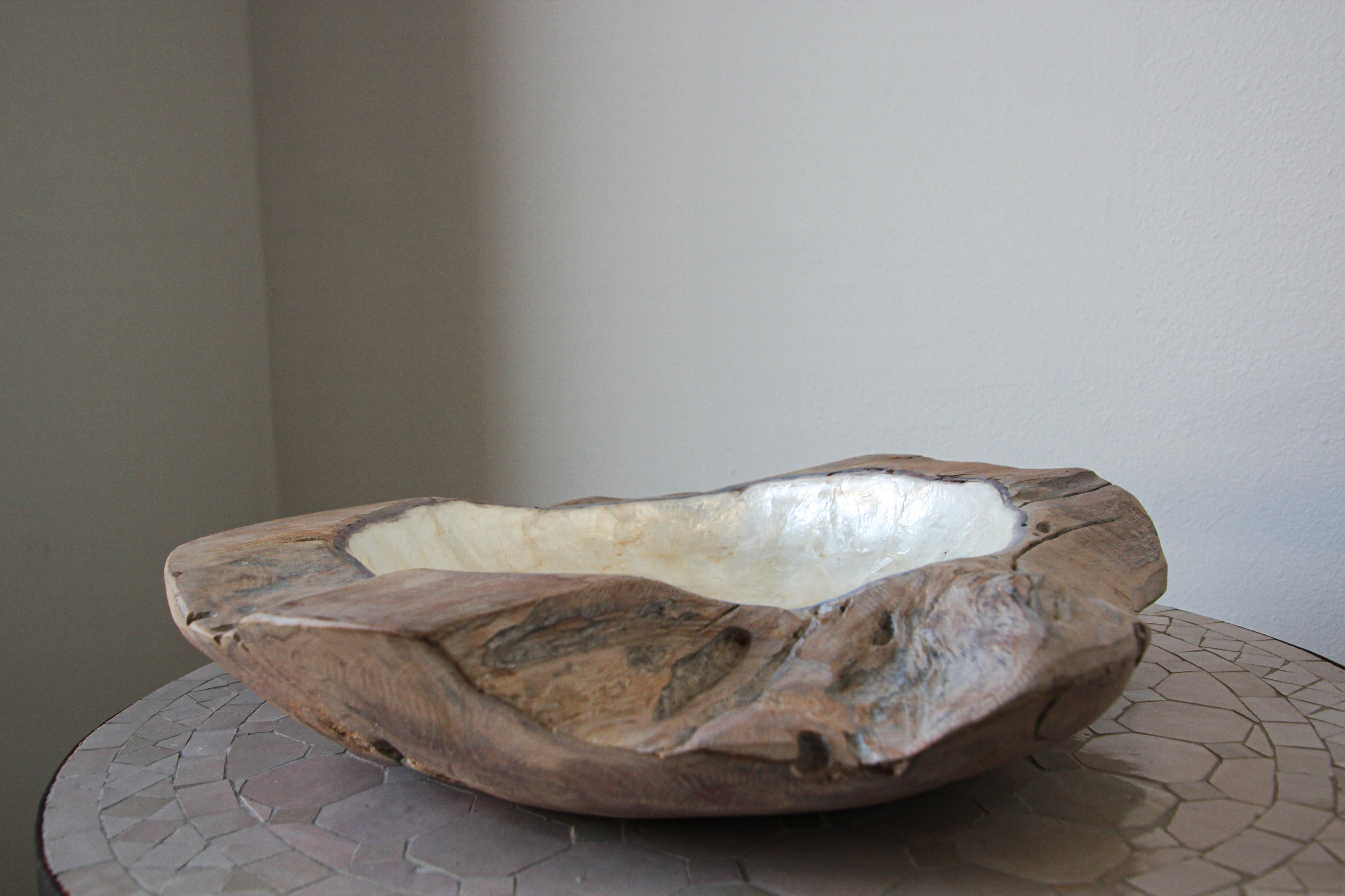 Handcrafted Sculptural Brutalist Freeform Teak Bowl with Capiz Pearl Shell 4