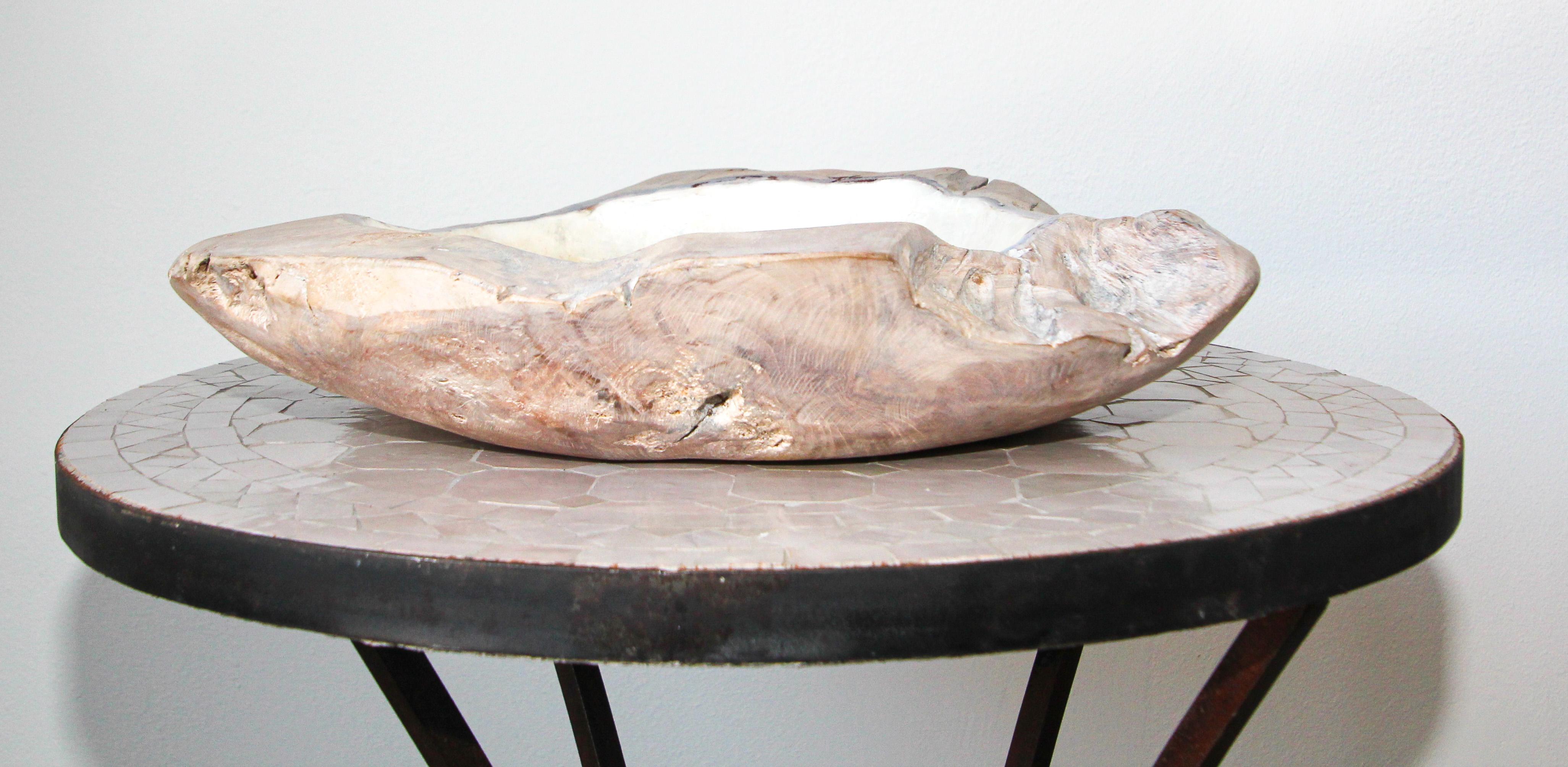 Handcrafted Sculptural Brutalist Freeform Teak Bowl with Capiz Pearl Shell 6