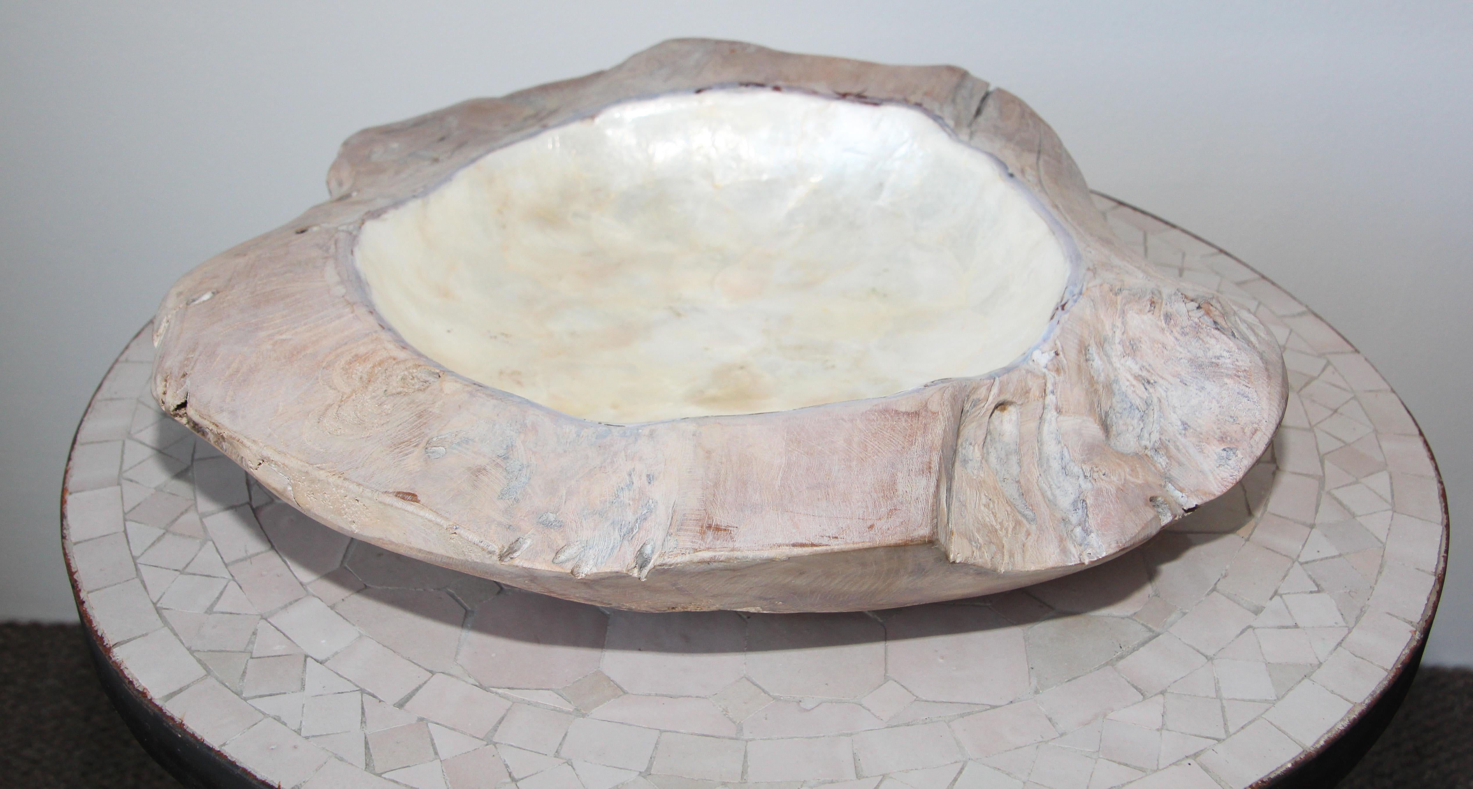 Handcrafted Sculptural Brutalist Freeform Teak Bowl with Capiz Pearl Shell 7