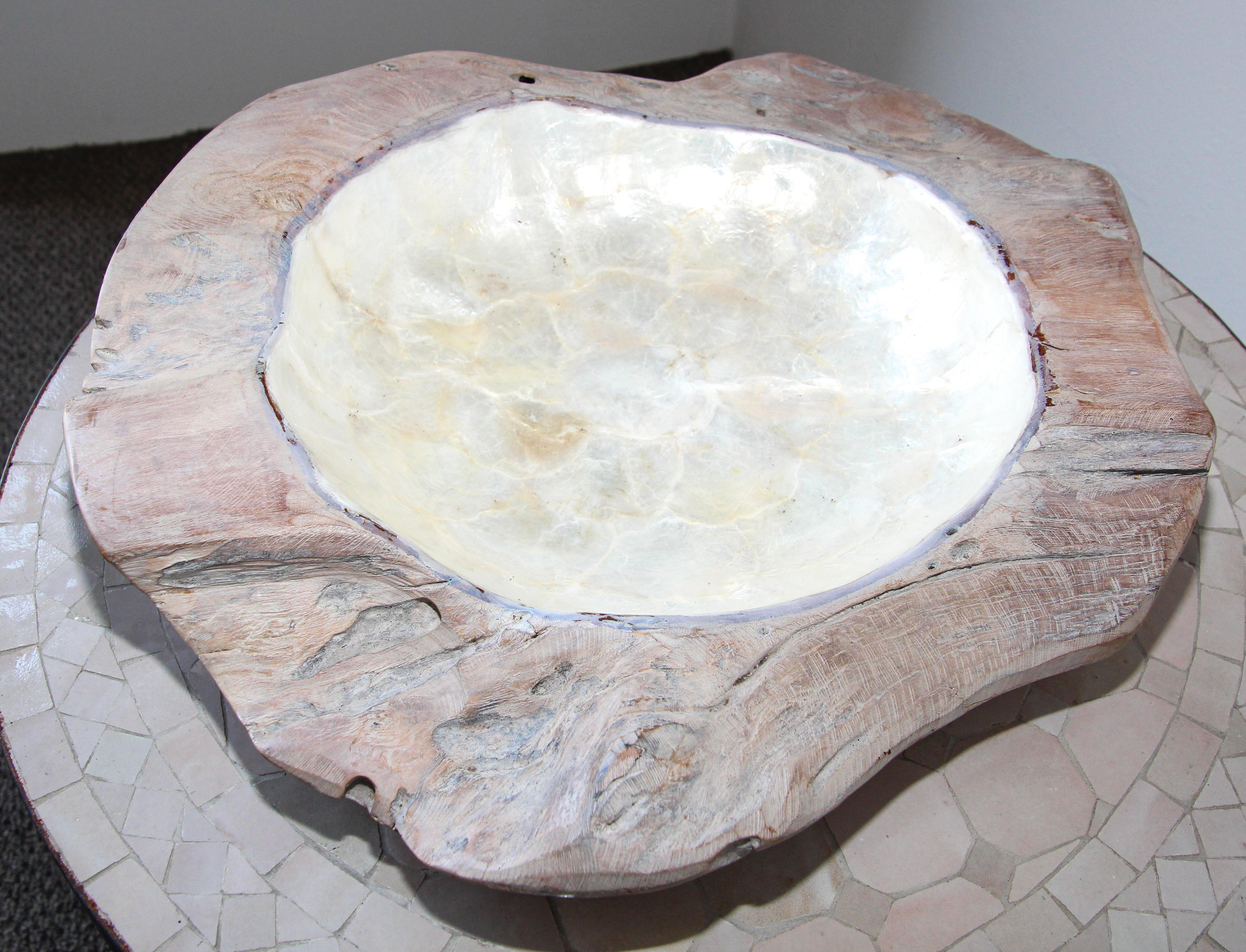 Handcrafted Sculptural Brutalist Freeform Teak Bowl with Capiz Pearl Shell 9