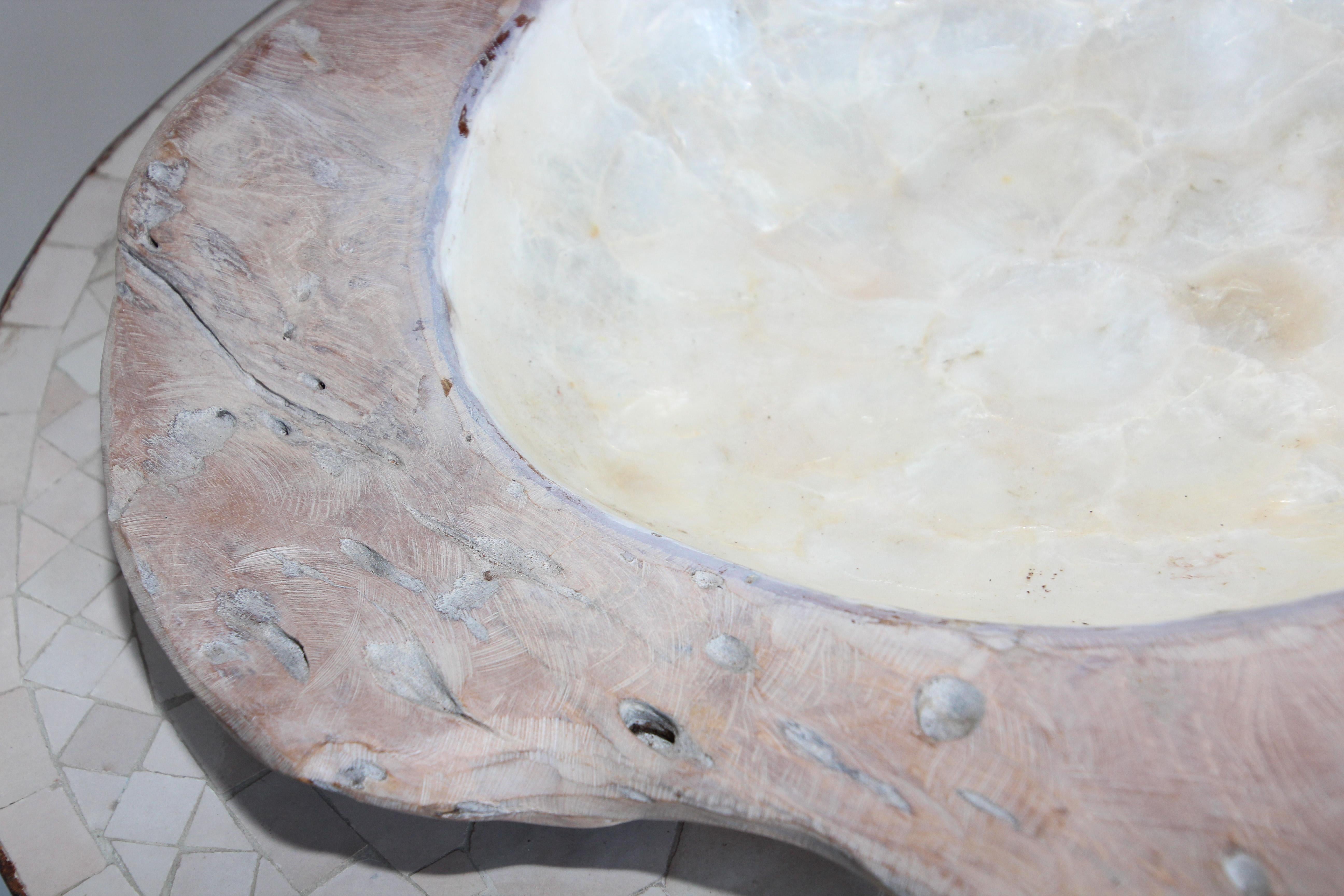 Handcrafted Sculptural Brutalist Freeform Teak Bowl with Capiz Pearl Shell 10