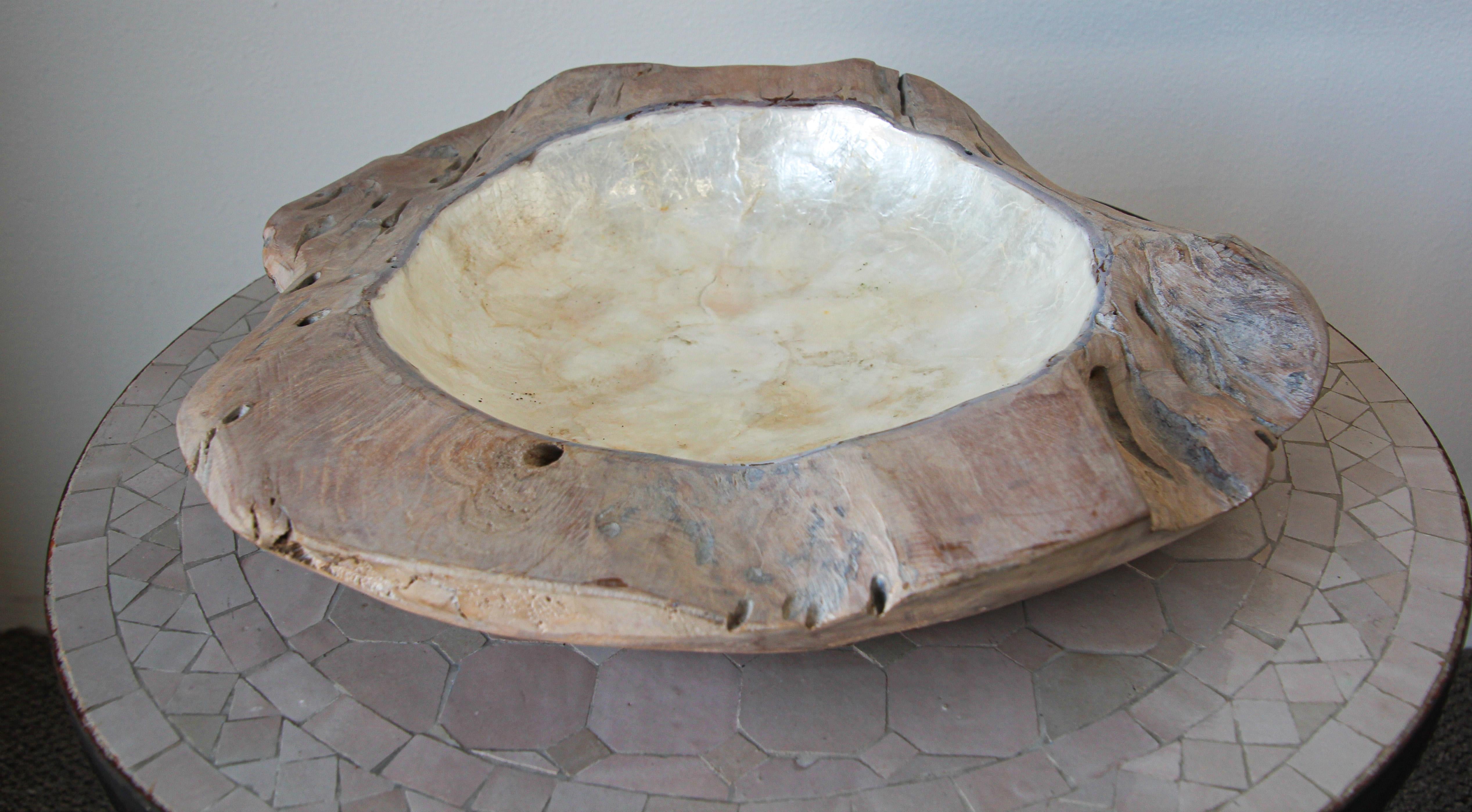 Asian Handcrafted Sculptural Brutalist Freeform Teak Bowl with Capiz Pearl Shell
