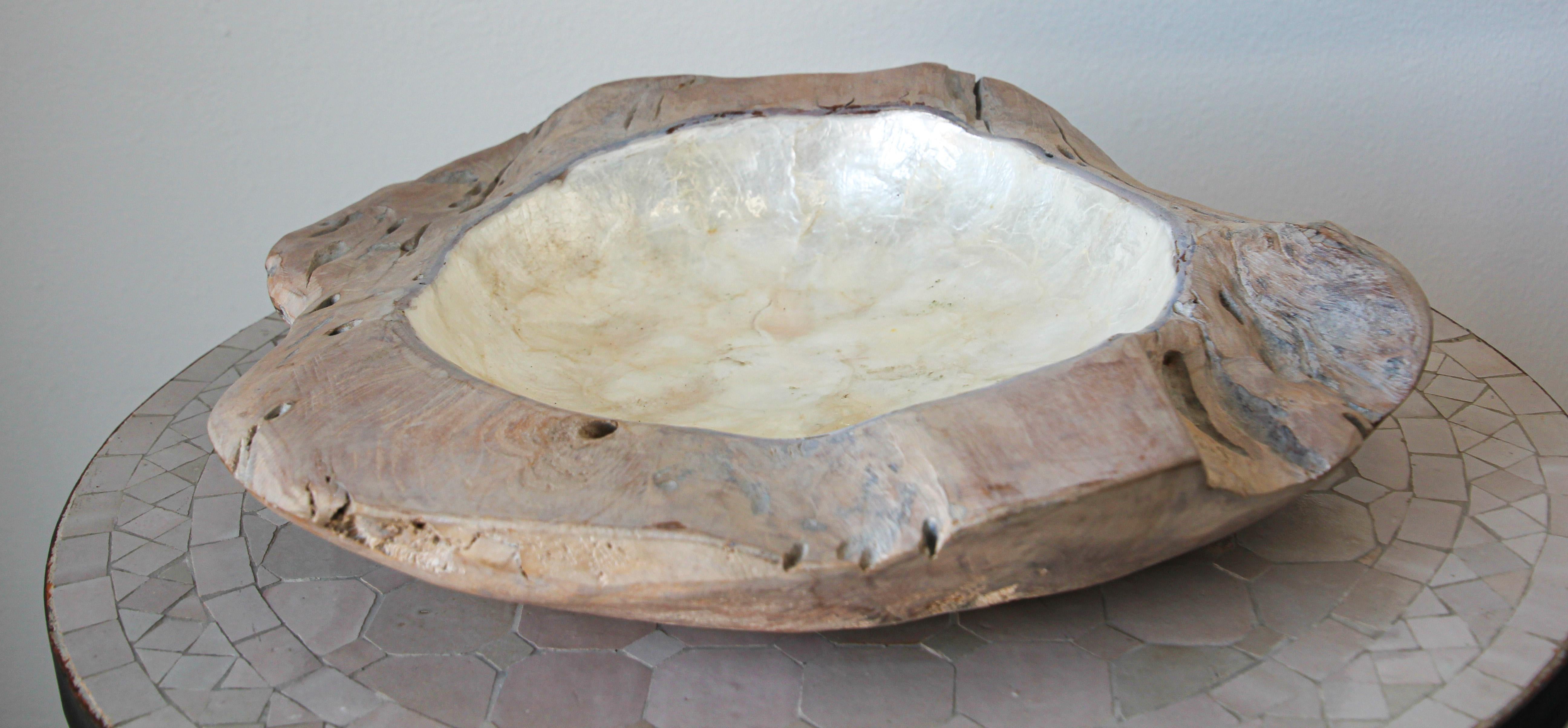 Handcrafted Sculptural Brutalist Freeform Teak Bowl with Capiz Pearl Shell In Good Condition In North Hollywood, CA