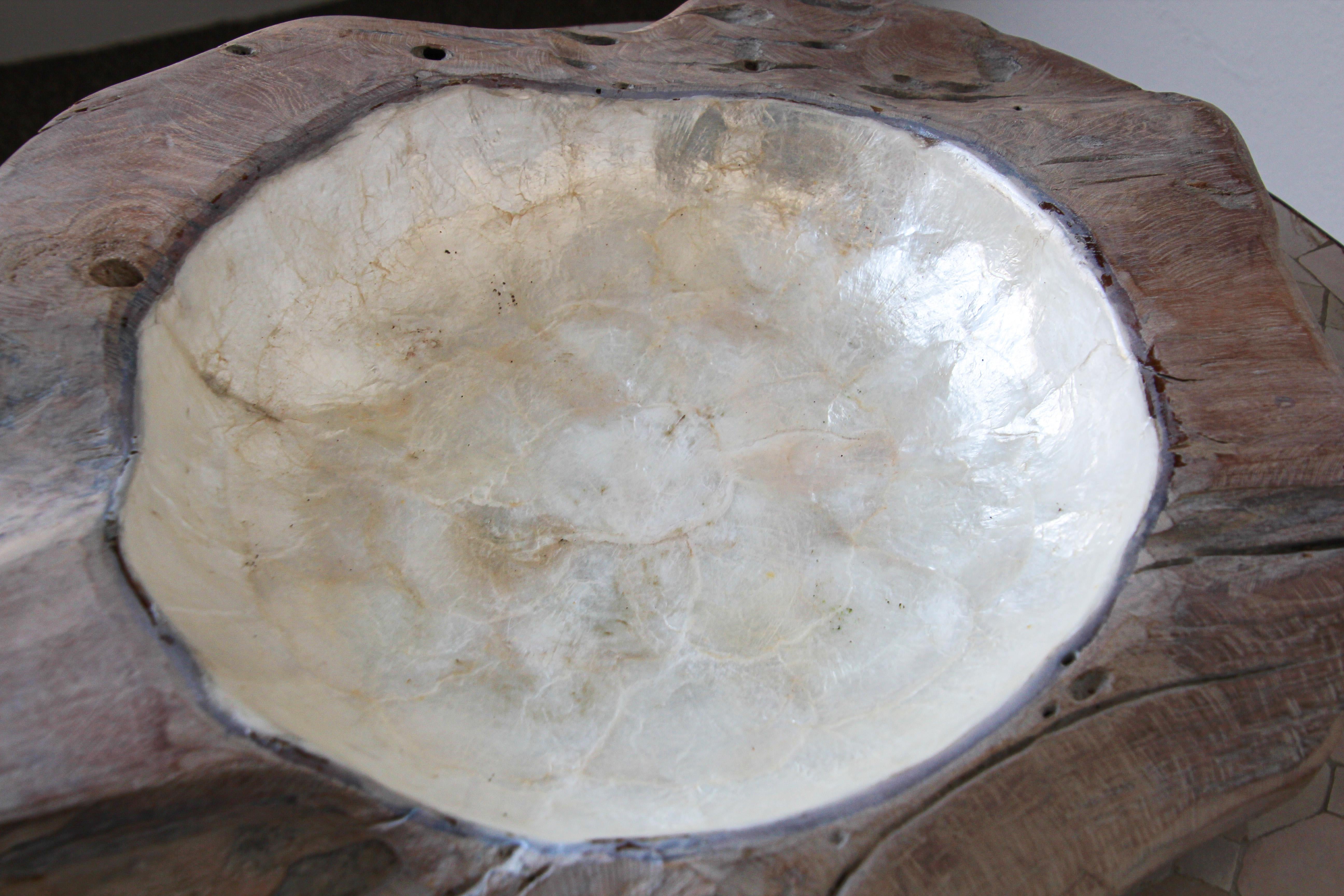 Handcrafted Sculptural Brutalist Freeform Teak Bowl with Capiz Pearl Shell 1