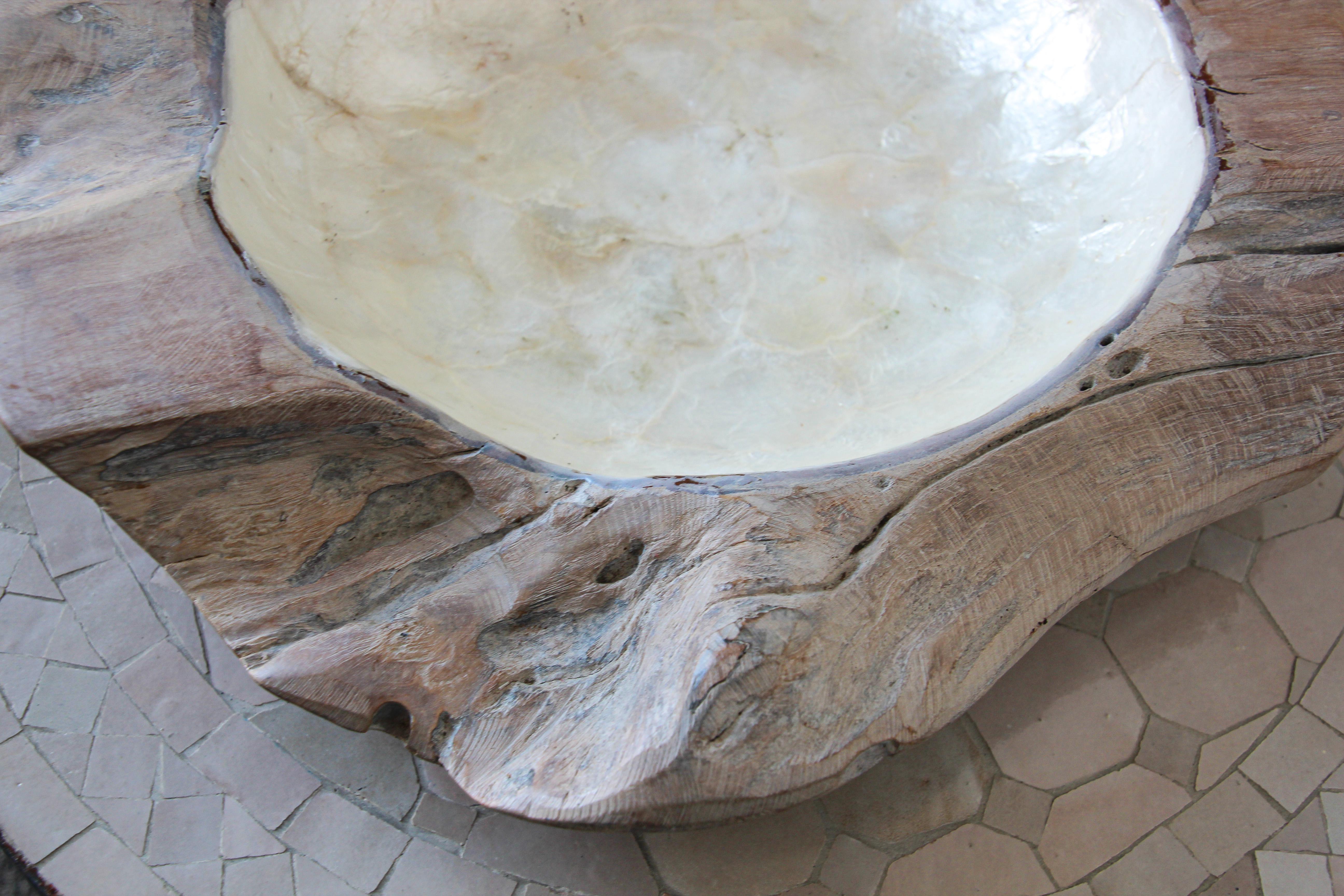 Handcrafted Sculptural Brutalist Freeform Teak Bowl with Capiz Pearl Shell 2