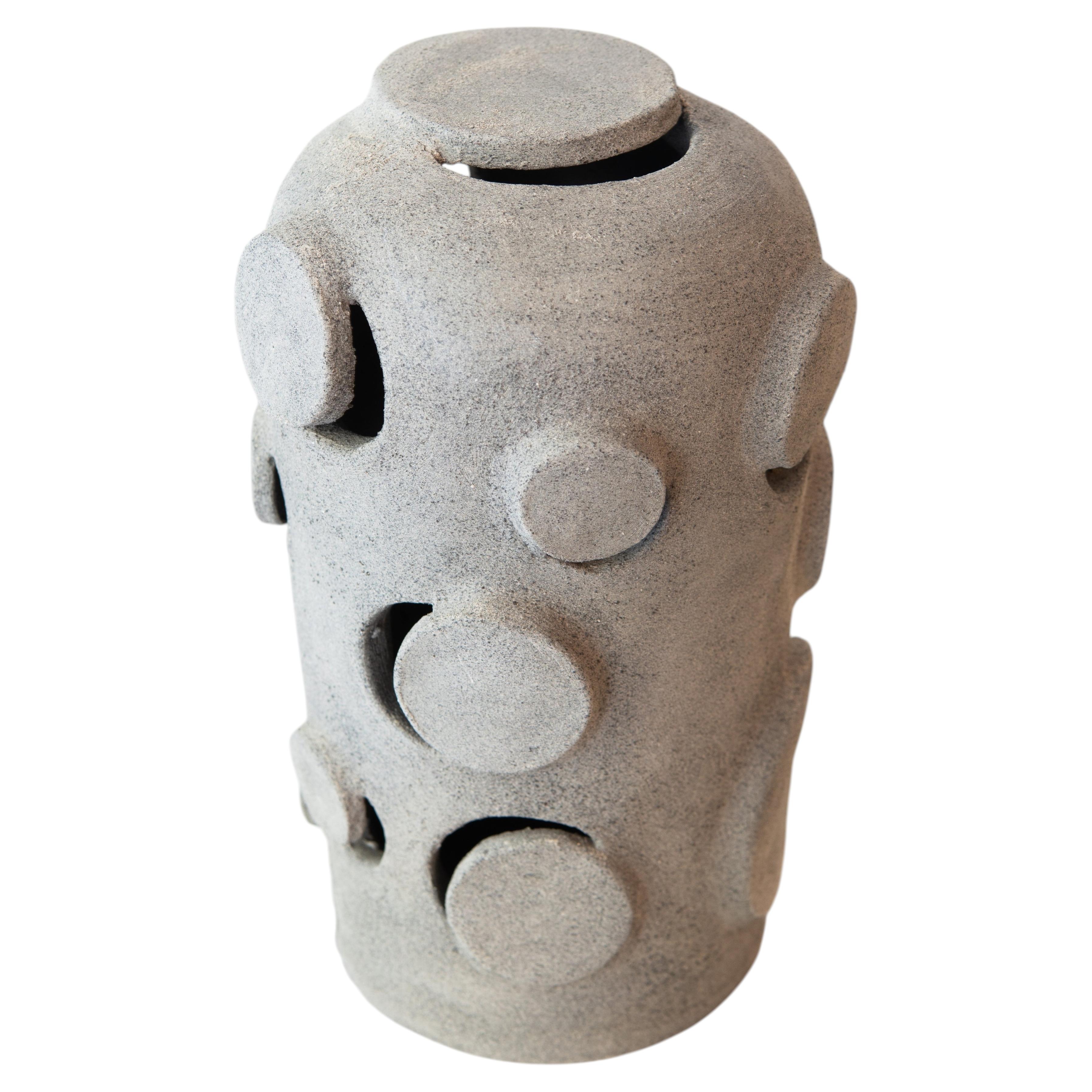 Handcrafted Sculptural Stoneware Vase with Geometric Relief Elements For Sale