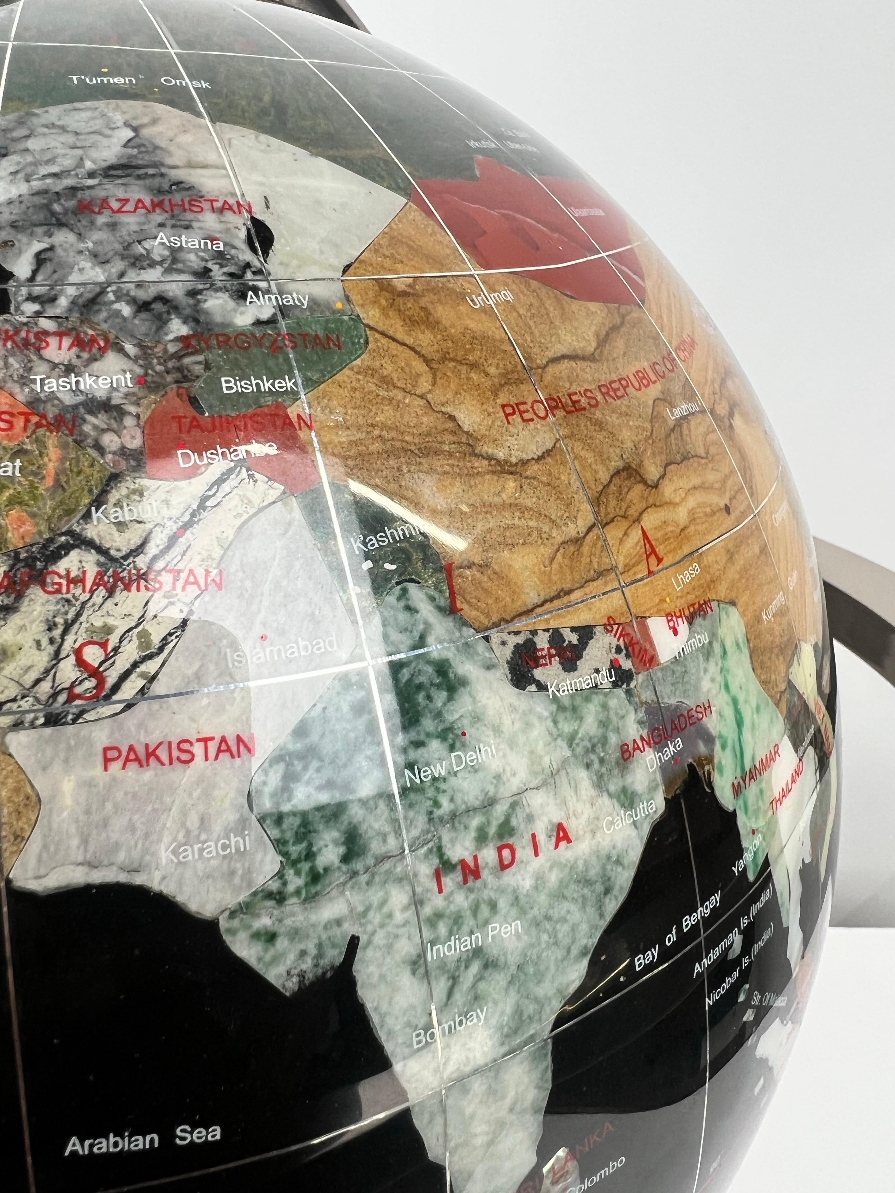 Handcrafted Semi-Precious Stone Globe on Decorative Metal Stand with Compass For Sale 6