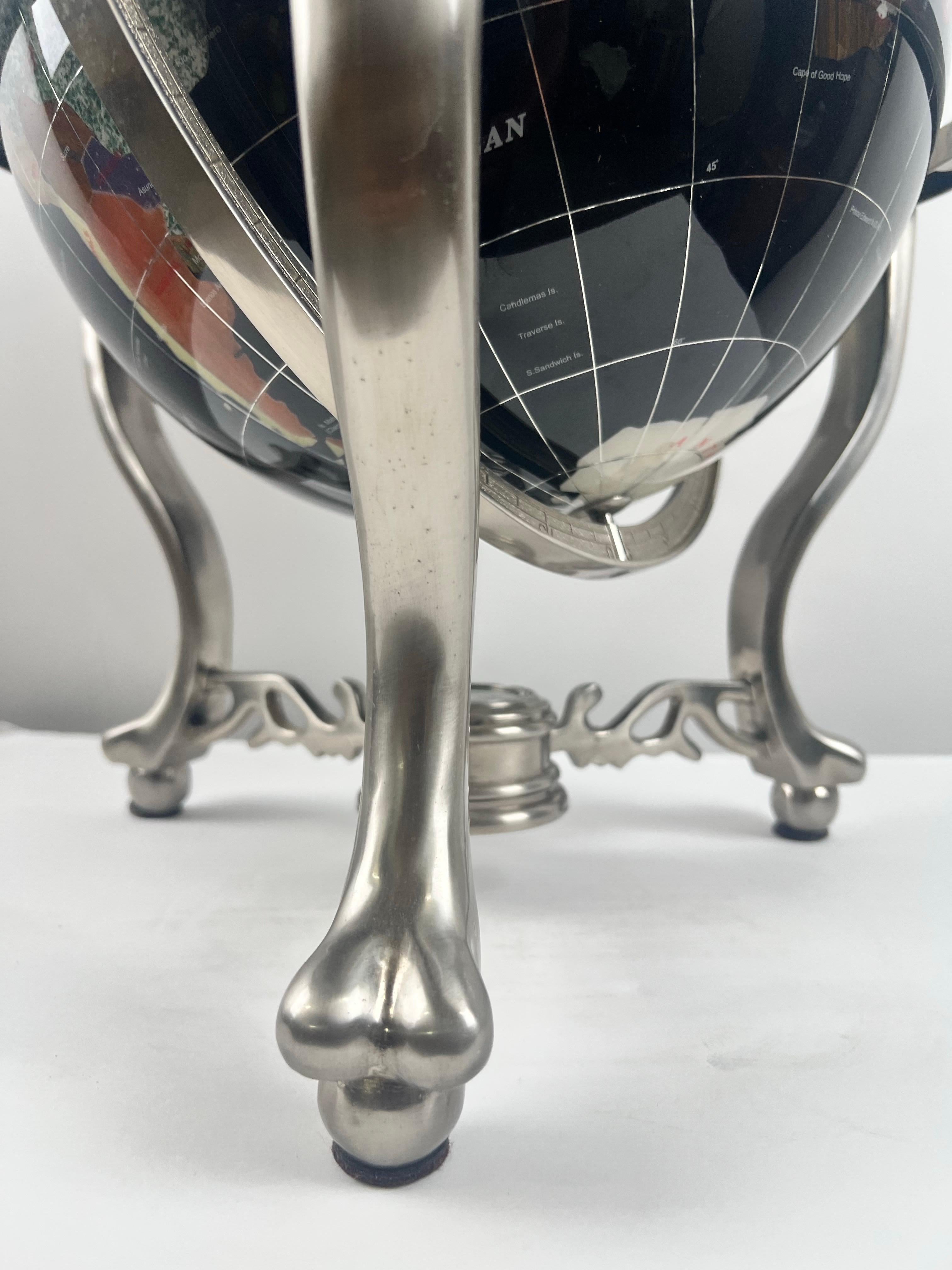 Handcrafted Semi-Precious Stone Globe on Decorative Metal Stand with Compass For Sale 11