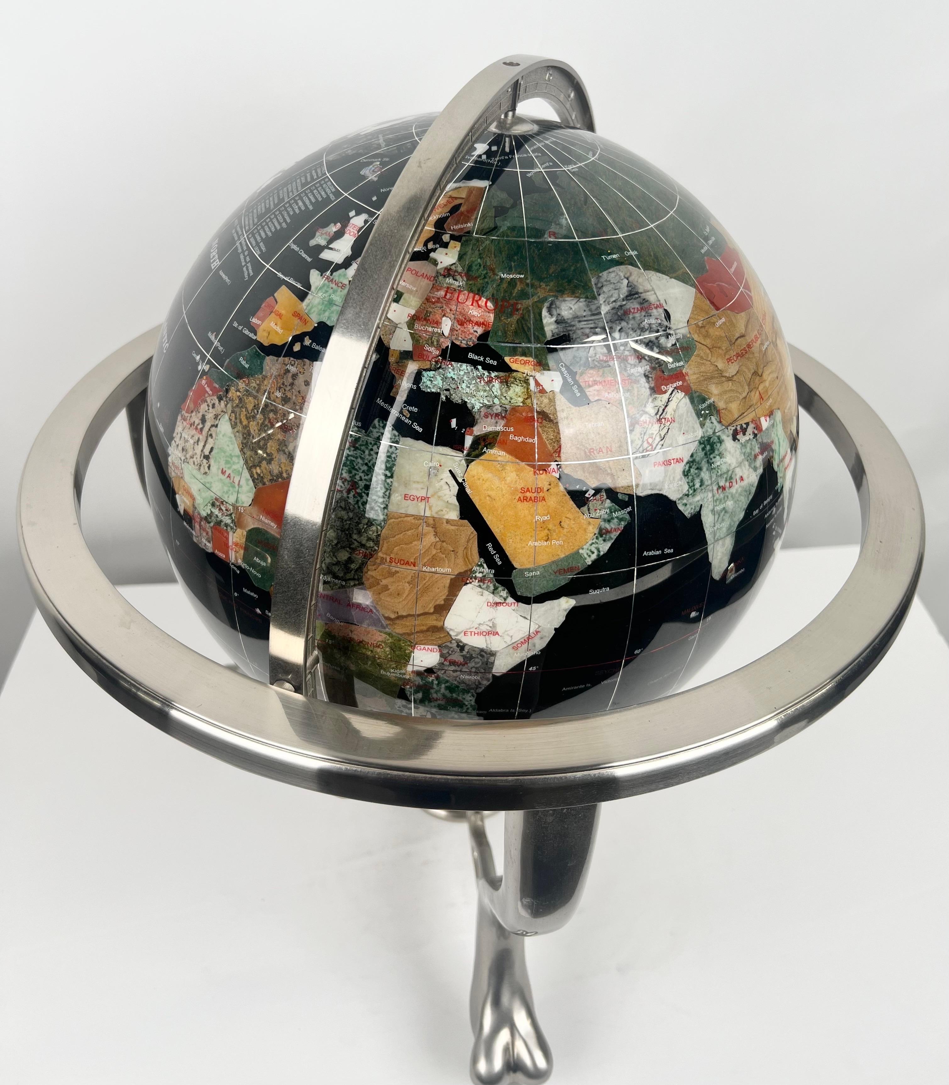 Handcrafted Semi-Precious Stone Globe on Decorative Metal Stand with Compass For Sale 13