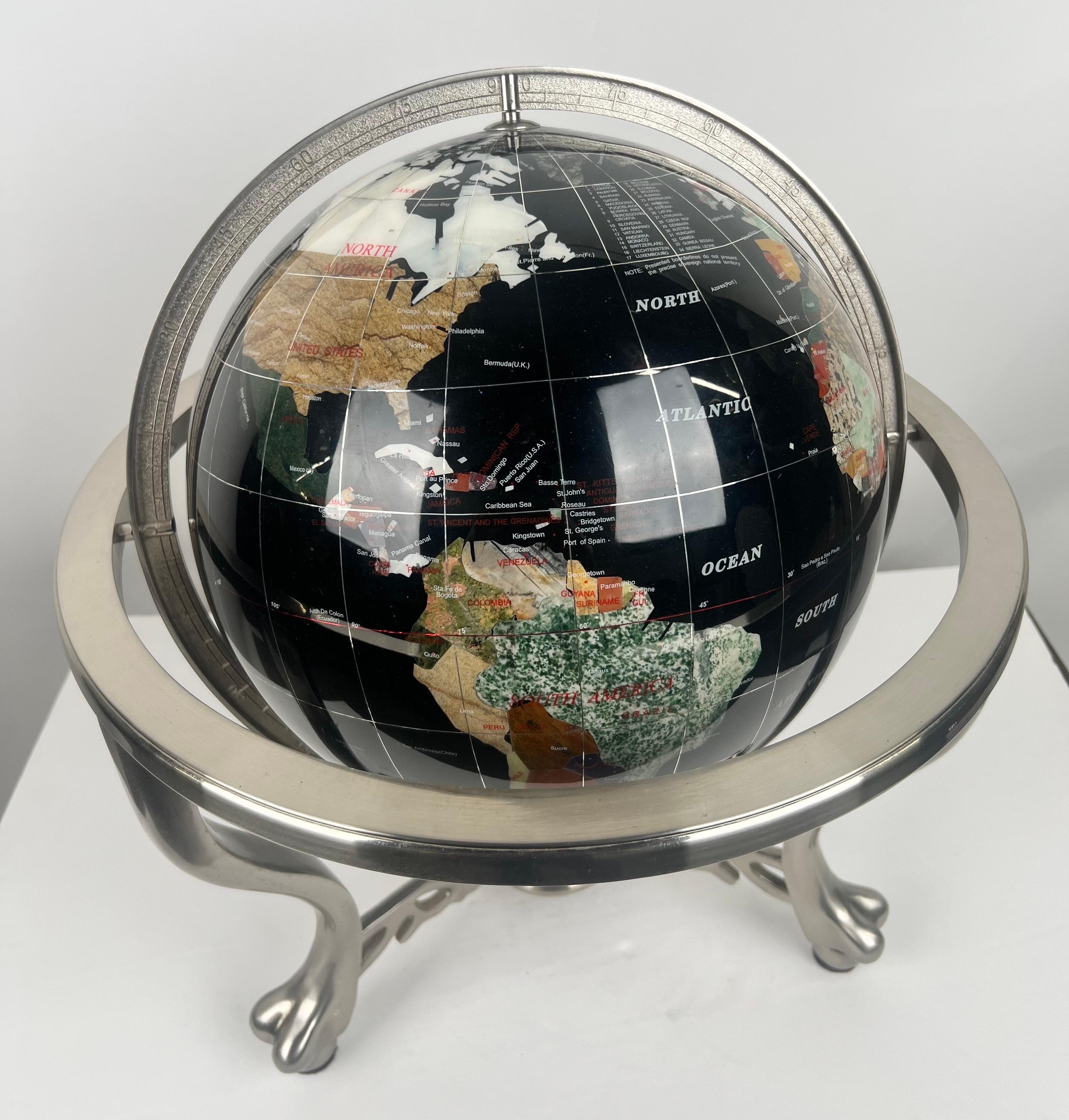Handcrafted Semi-Precious Stone Globe on Decorative Metal Stand with Compass For Sale 14