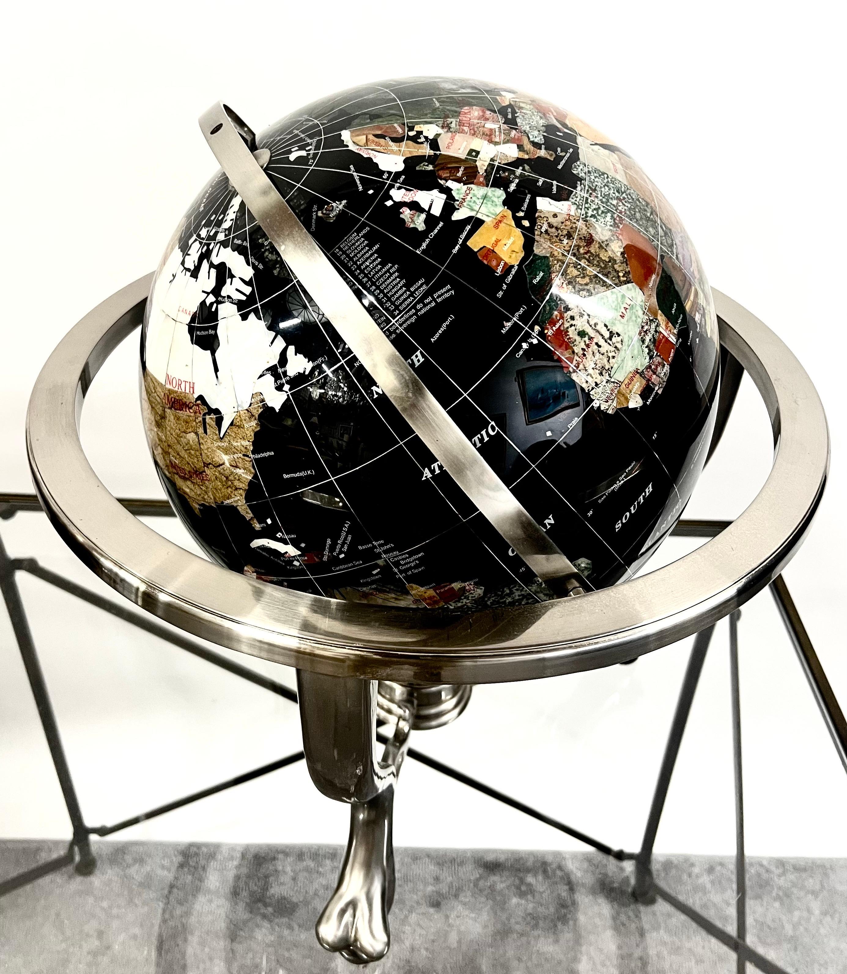 Handcrafted Semi-Precious Stone Globe on Decorative Metal Stand with Compass For Sale 15