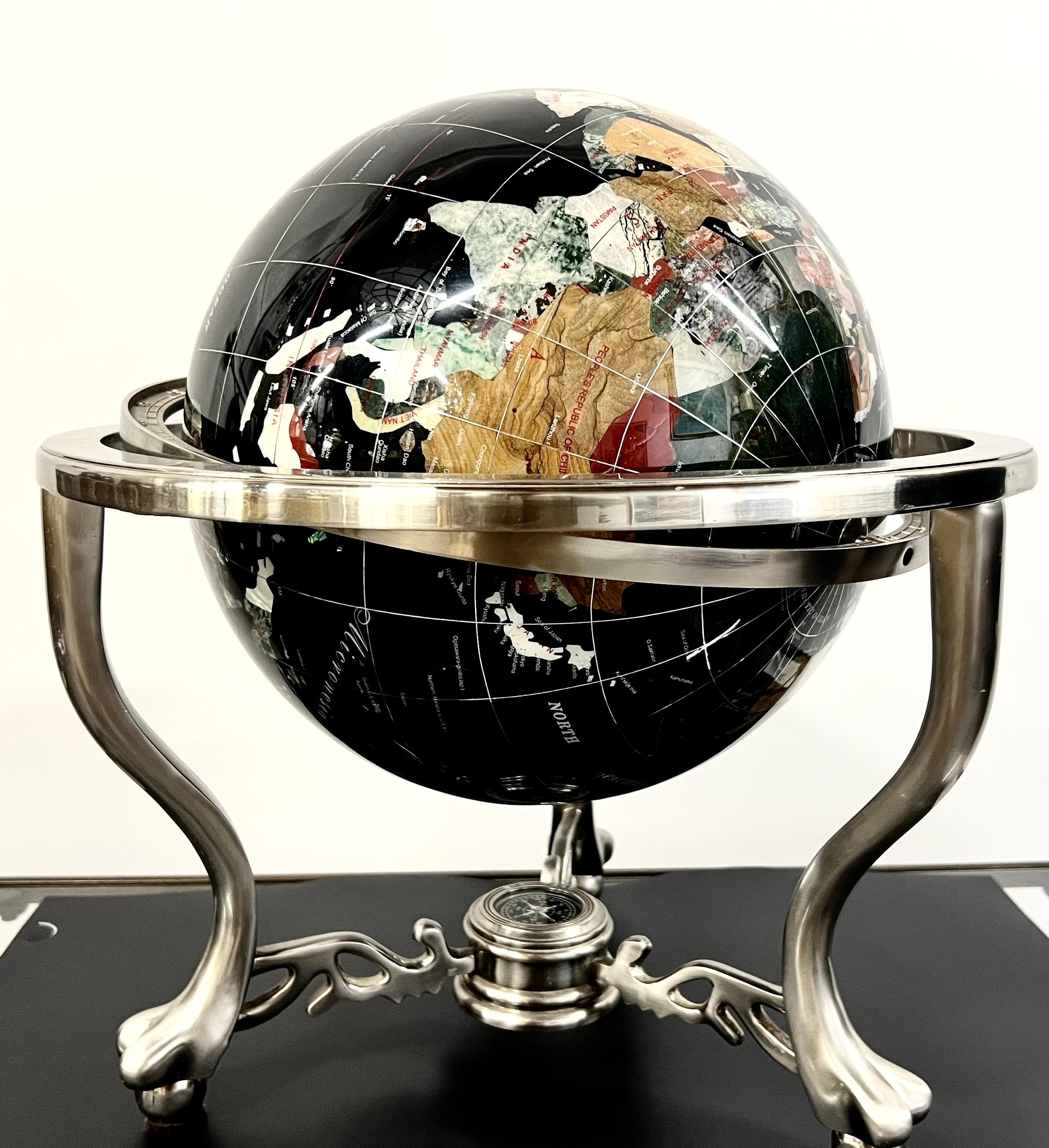 Handcrafted Semi-Precious Stone Globe on Decorative Metal Stand with Compass For Sale 16