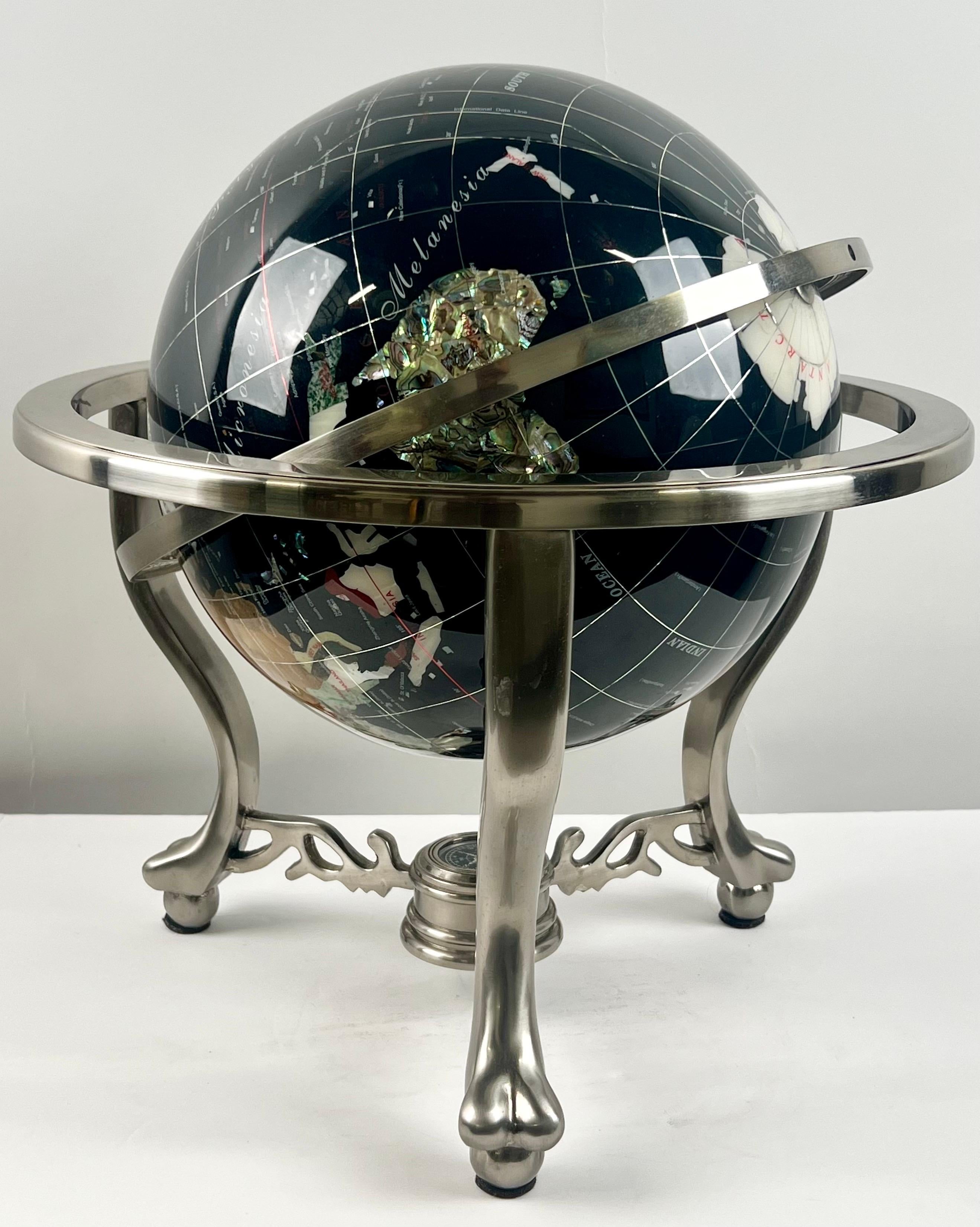 Handcrafted Semi-Precious Stone Globe on Decorative Metal Stand with Compass For Sale 17