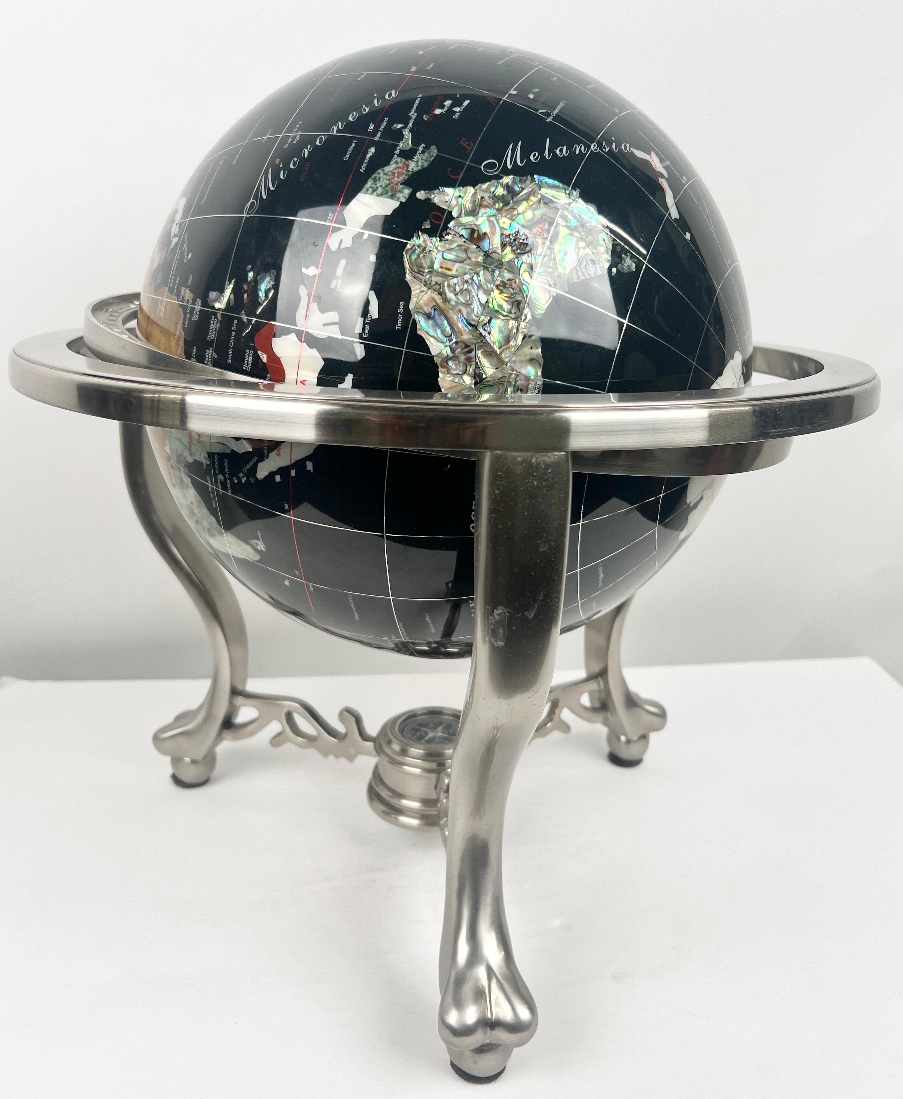 Handcrafted Semi-Precious Stone Globe on Decorative Metal Stand with Compass In Good Condition For Sale In Plainview, NY