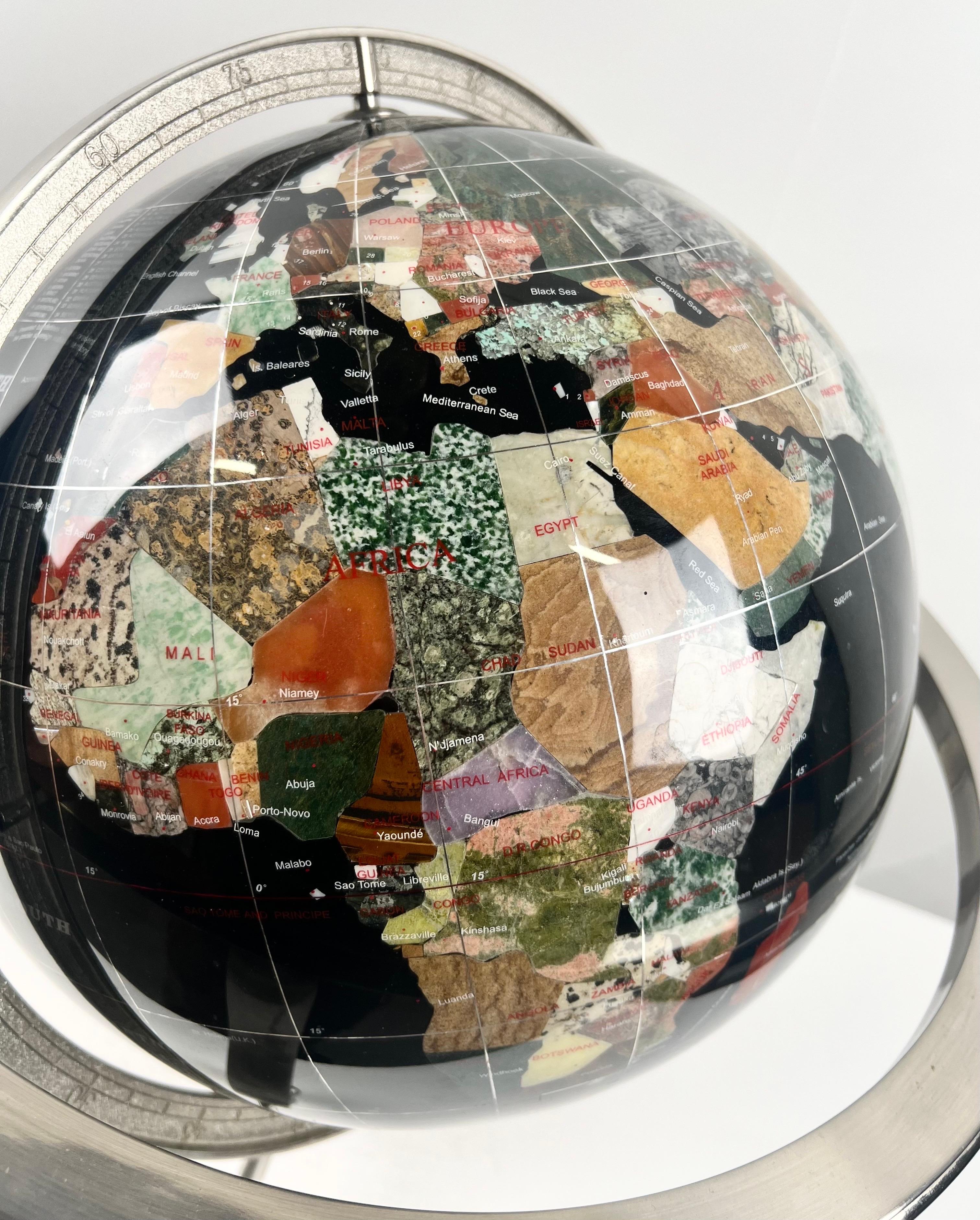 20th Century Handcrafted Semi-Precious Stone Globe on Decorative Metal Stand with Compass For Sale