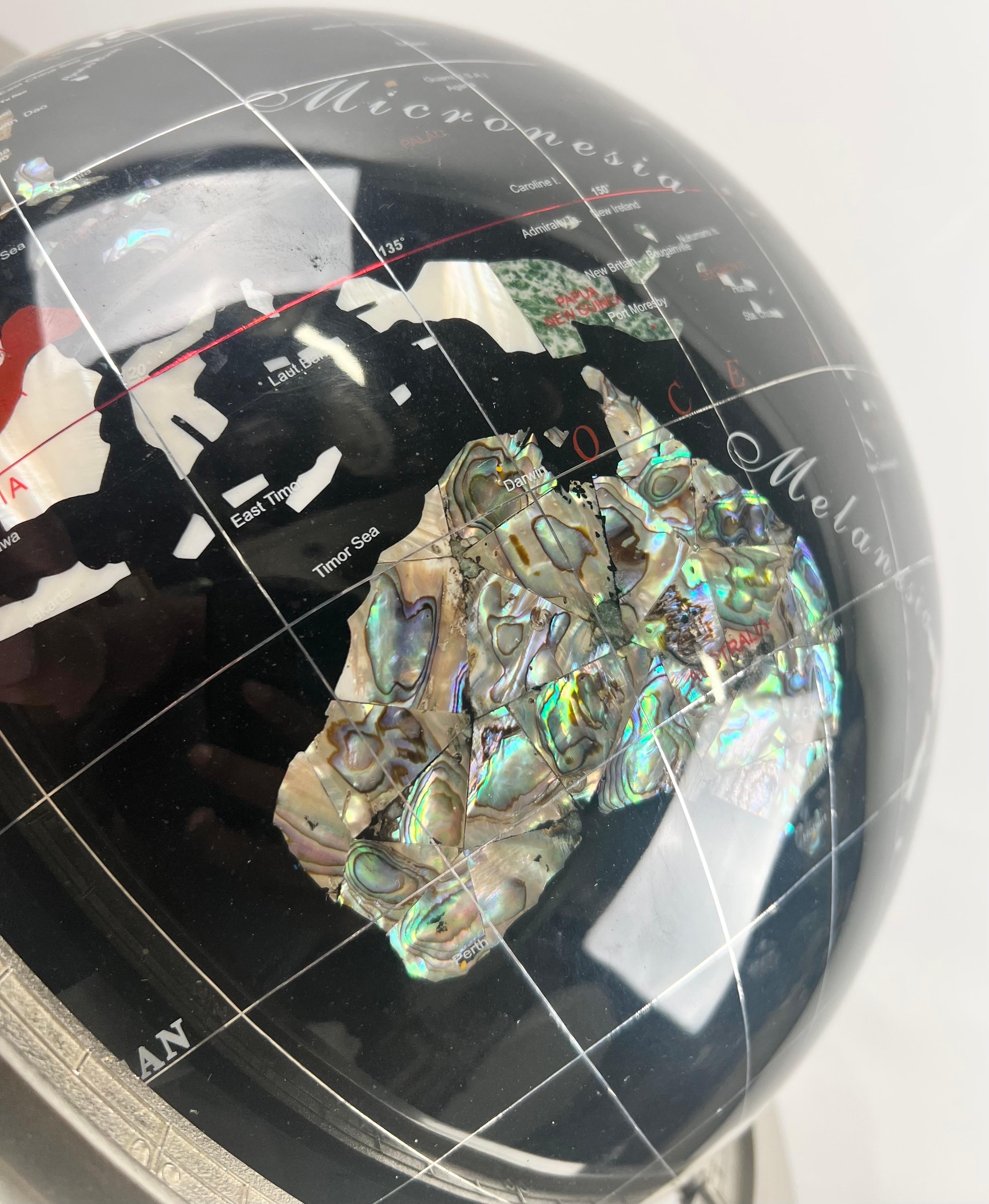 Handcrafted Semi-Precious Stone Globe on Decorative Metal Stand with Compass For Sale 2