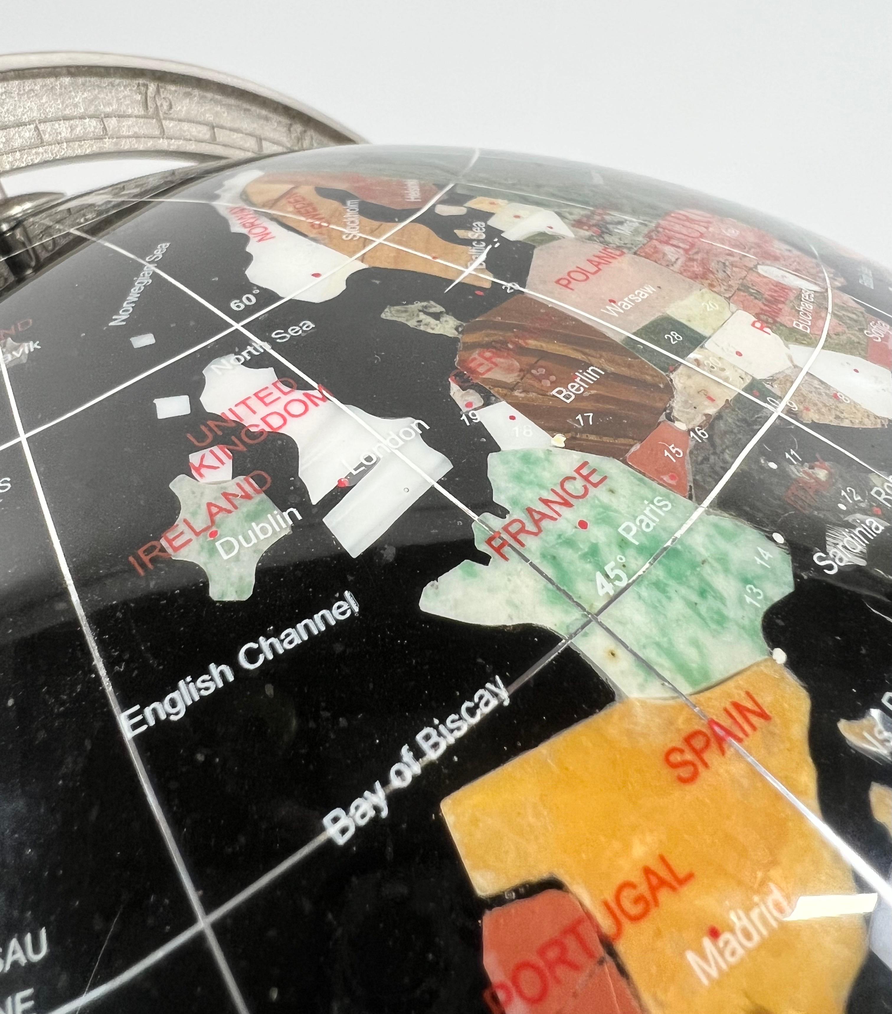 Handcrafted Semi-Precious Stone Globe on Decorative Metal Stand with Compass For Sale 3