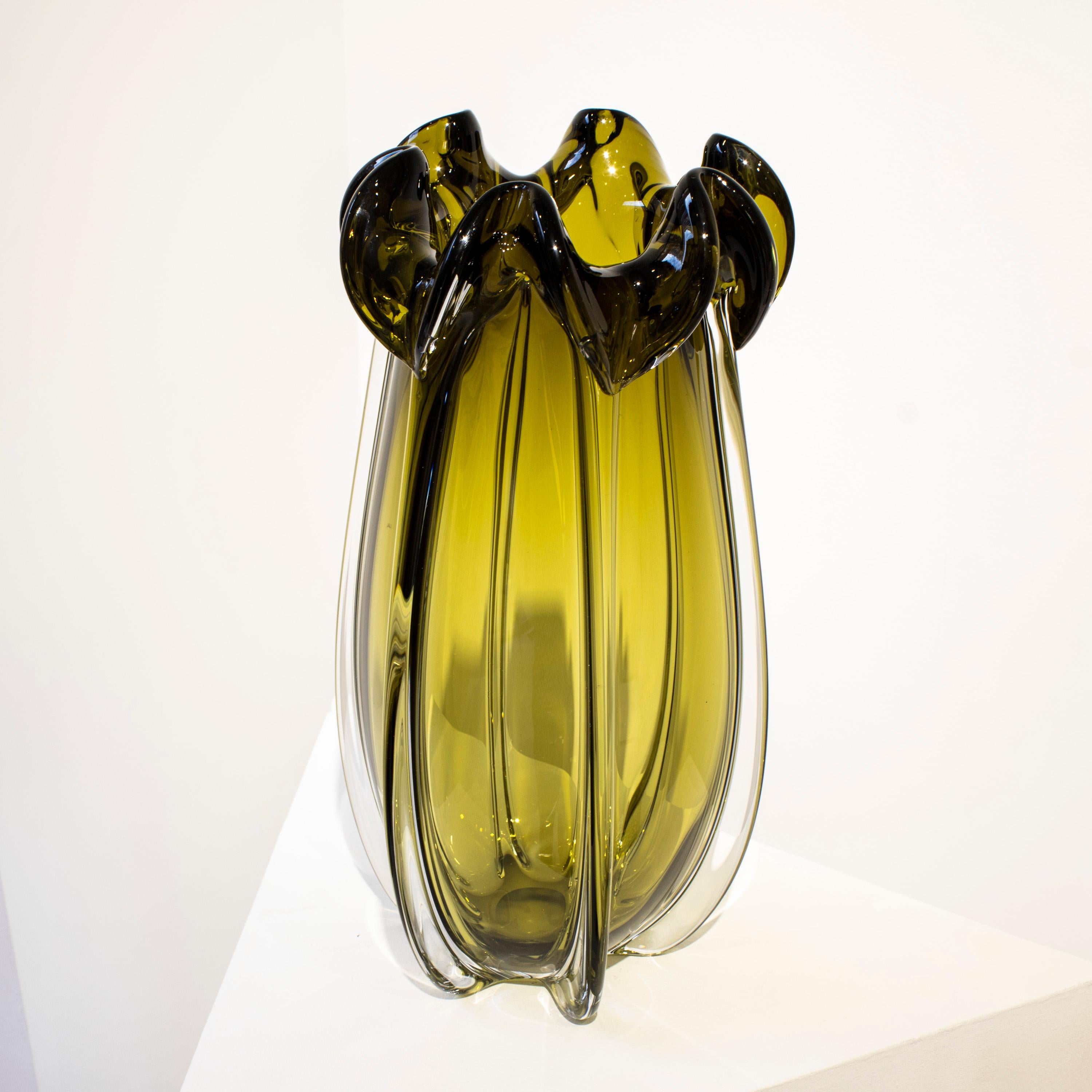 Hand-blown Italian ambar semi-transparent glass vase, with organic shapes inspired by nature. 
