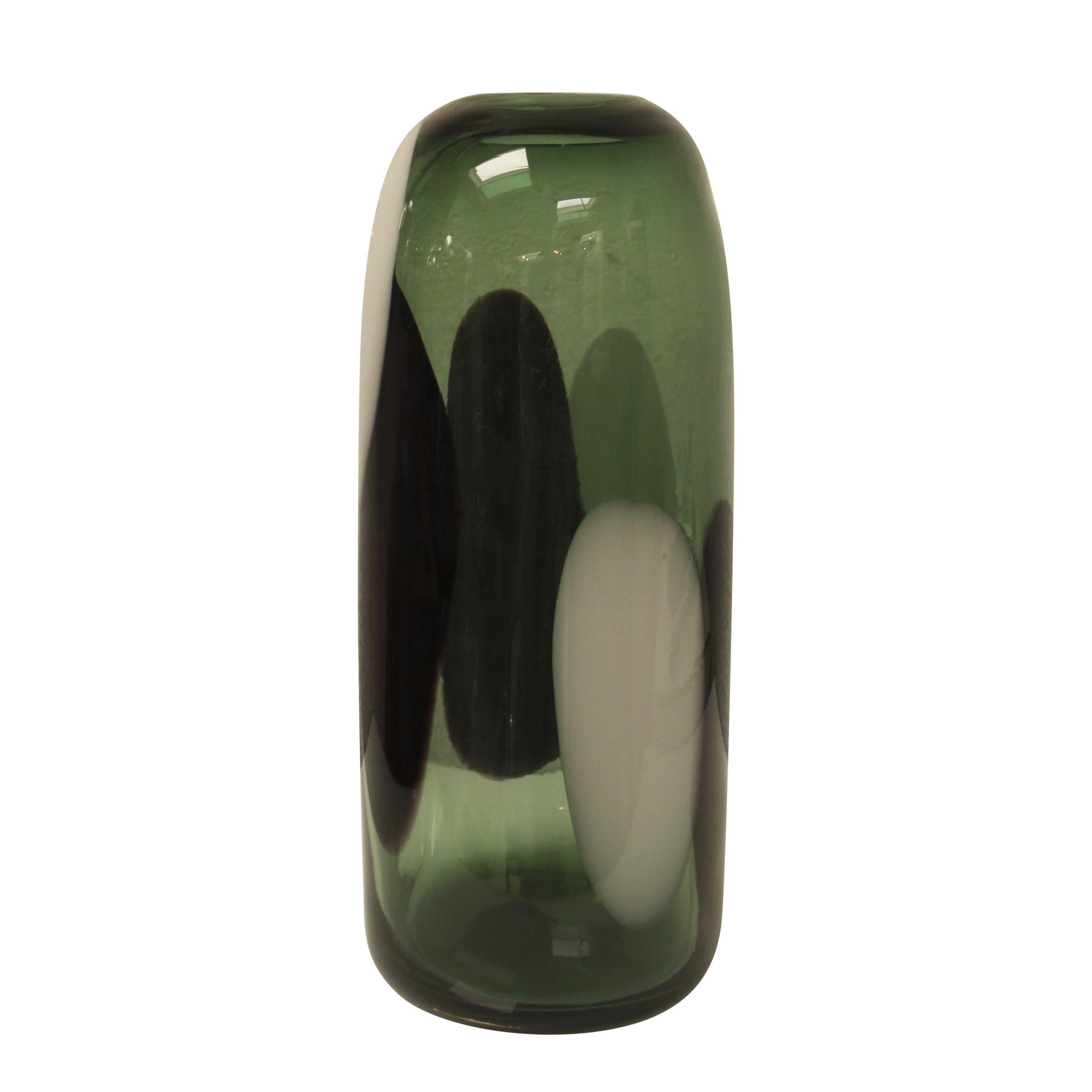 Hand-blown Italian semi-transparent glass vase, with a rounded shape in green, black and white. 