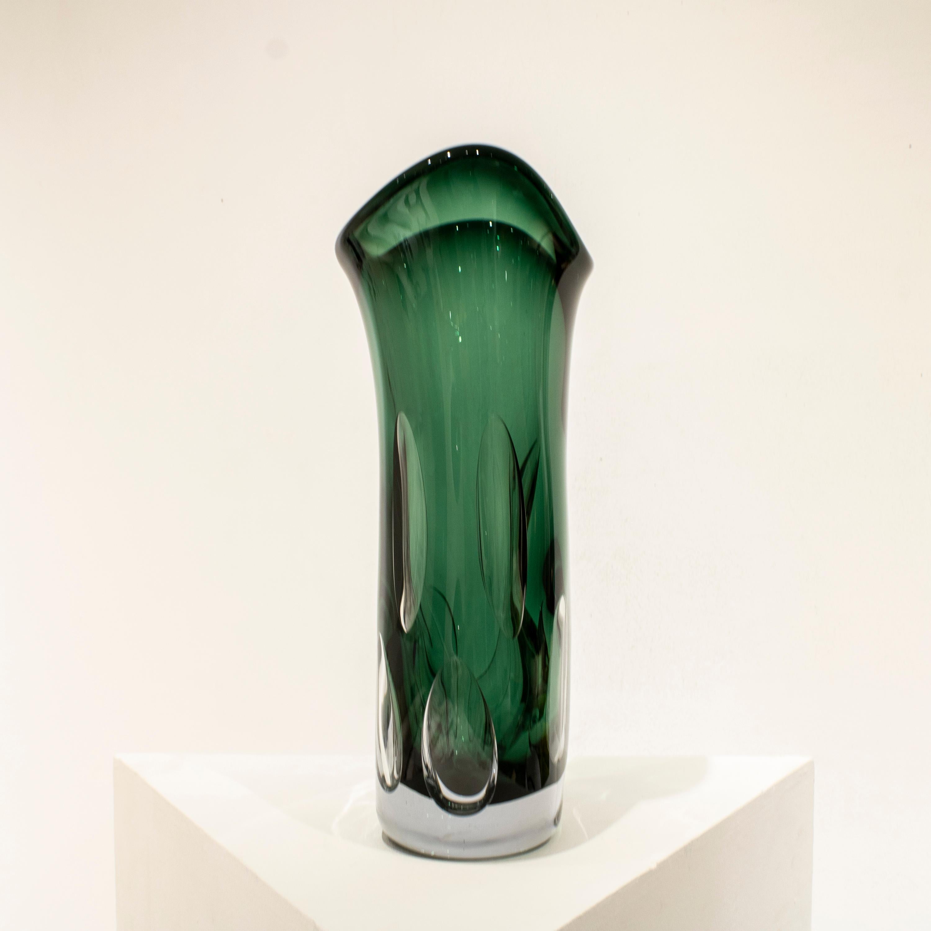Mid-Century Modern Handcrafted Semi Transparent Green Color Glass Vase, Italy, 2024 For Sale