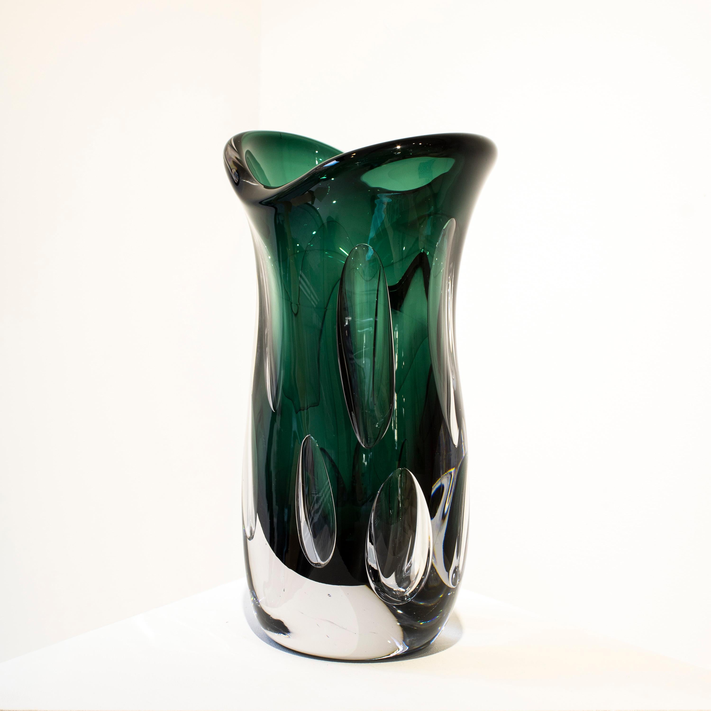 Italian Handcrafted Semi Transparent Green Color Glass Vase, Italy, 2024