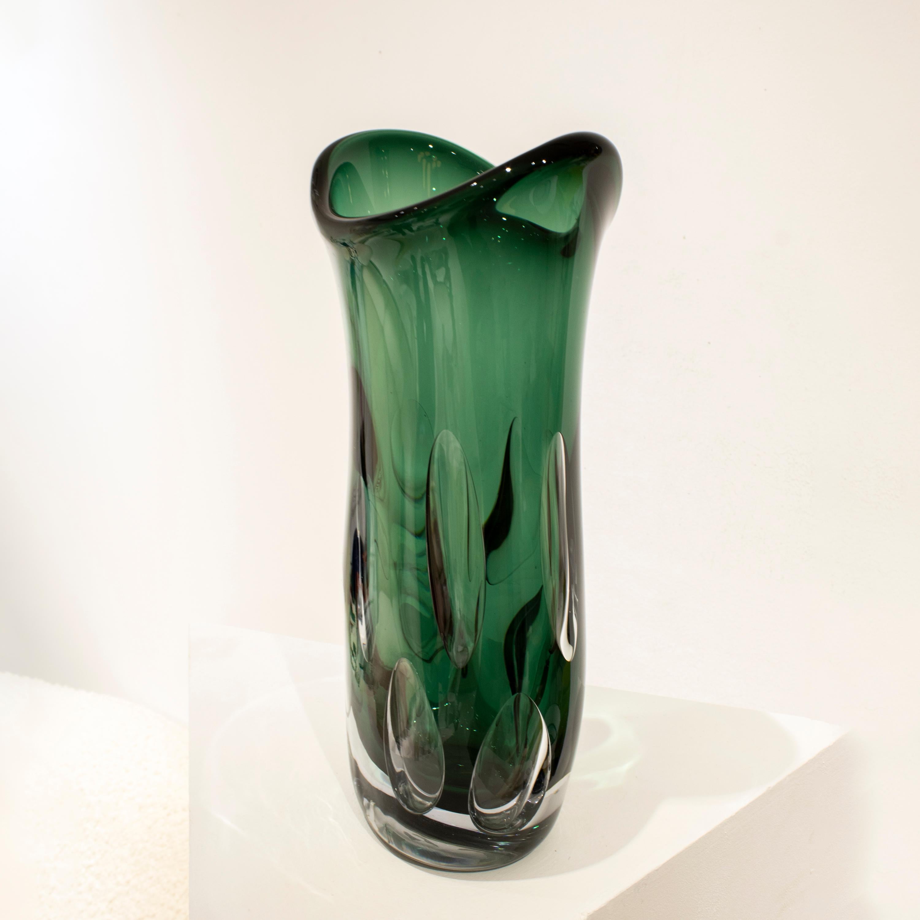 Contemporary Handcrafted Semi Transparent Green Color Glass Vase, Italy, 2024 For Sale