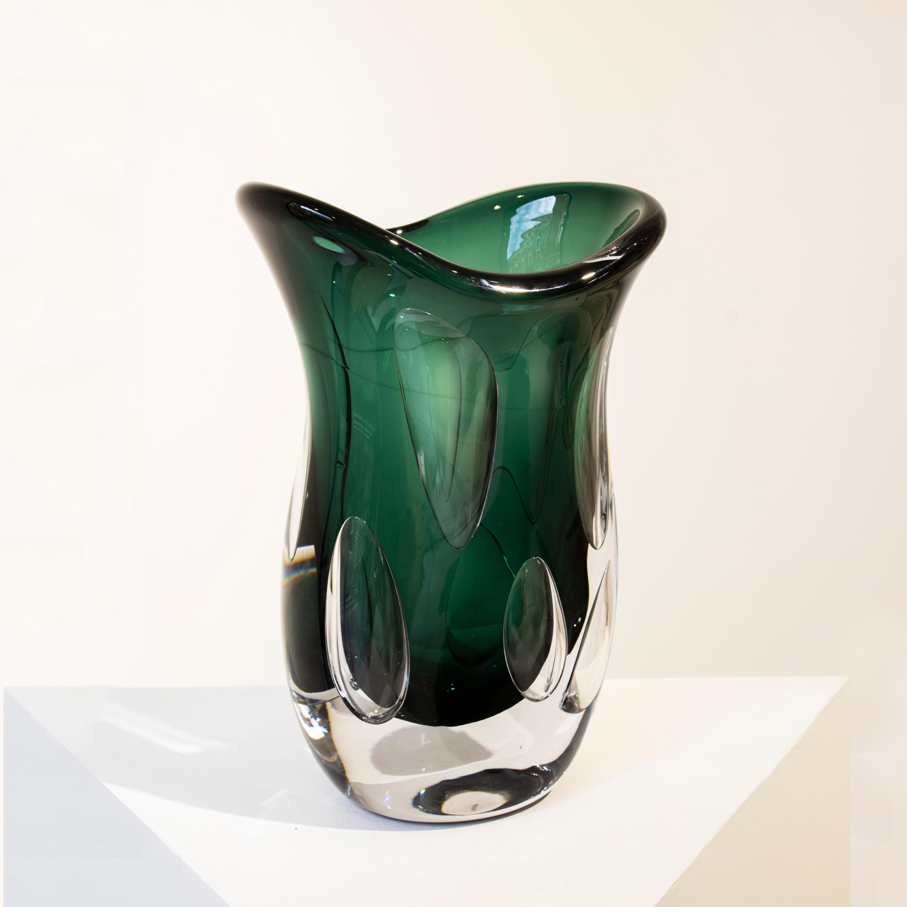 Handcrafted Semi Transparent Green Color Glass Vase, Italy, 2024 For Sale 1