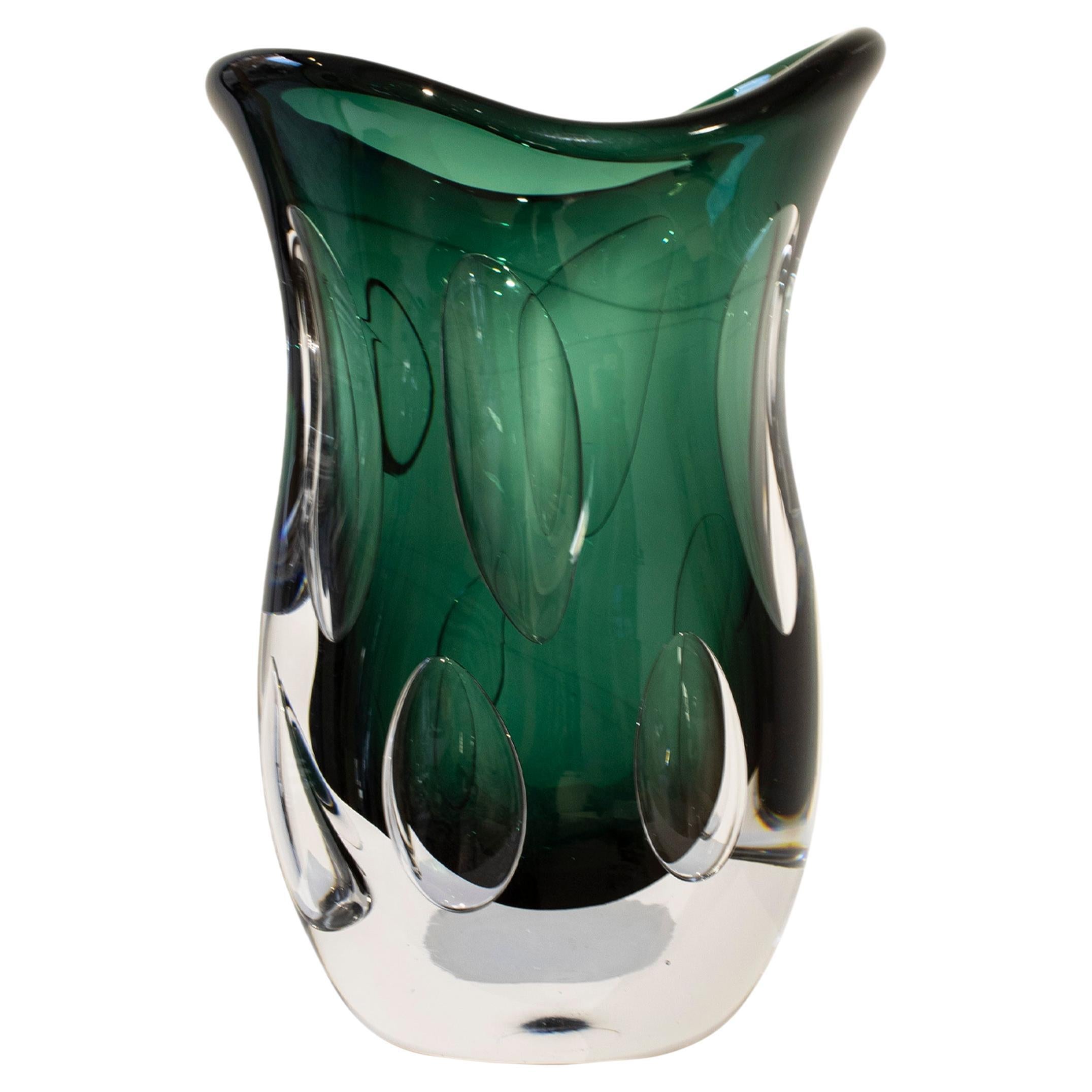 Handcrafted Semi Transparent Green Color Glass Vase, Italy, 2024 For Sale