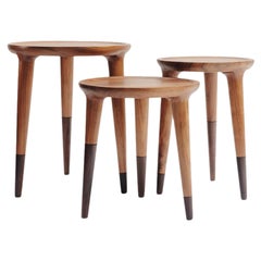 Handcrafted Set of 3 Round 3-Legged Side Tables in Mexican Tropical Hardwoods