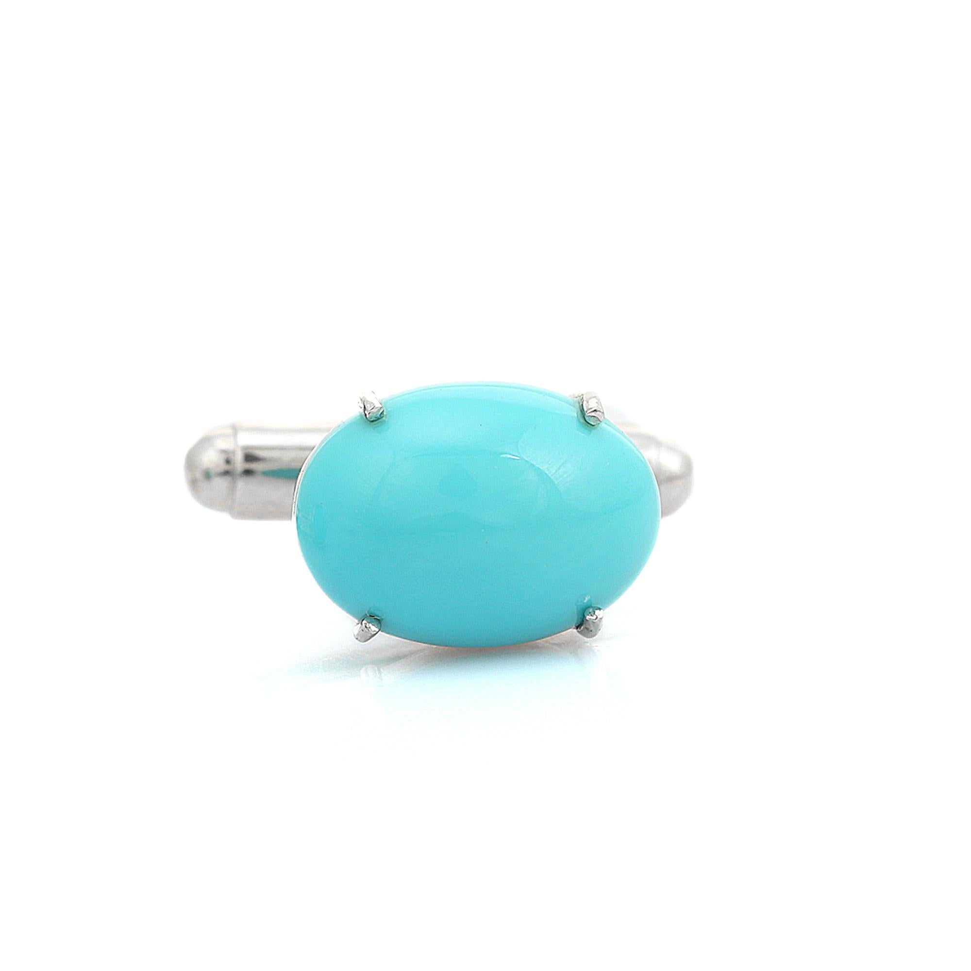 Art Nouveau Handcrafted Silver Men’s Cufflinks Set in Oval Turquoise Gemstone Gift for Him For Sale