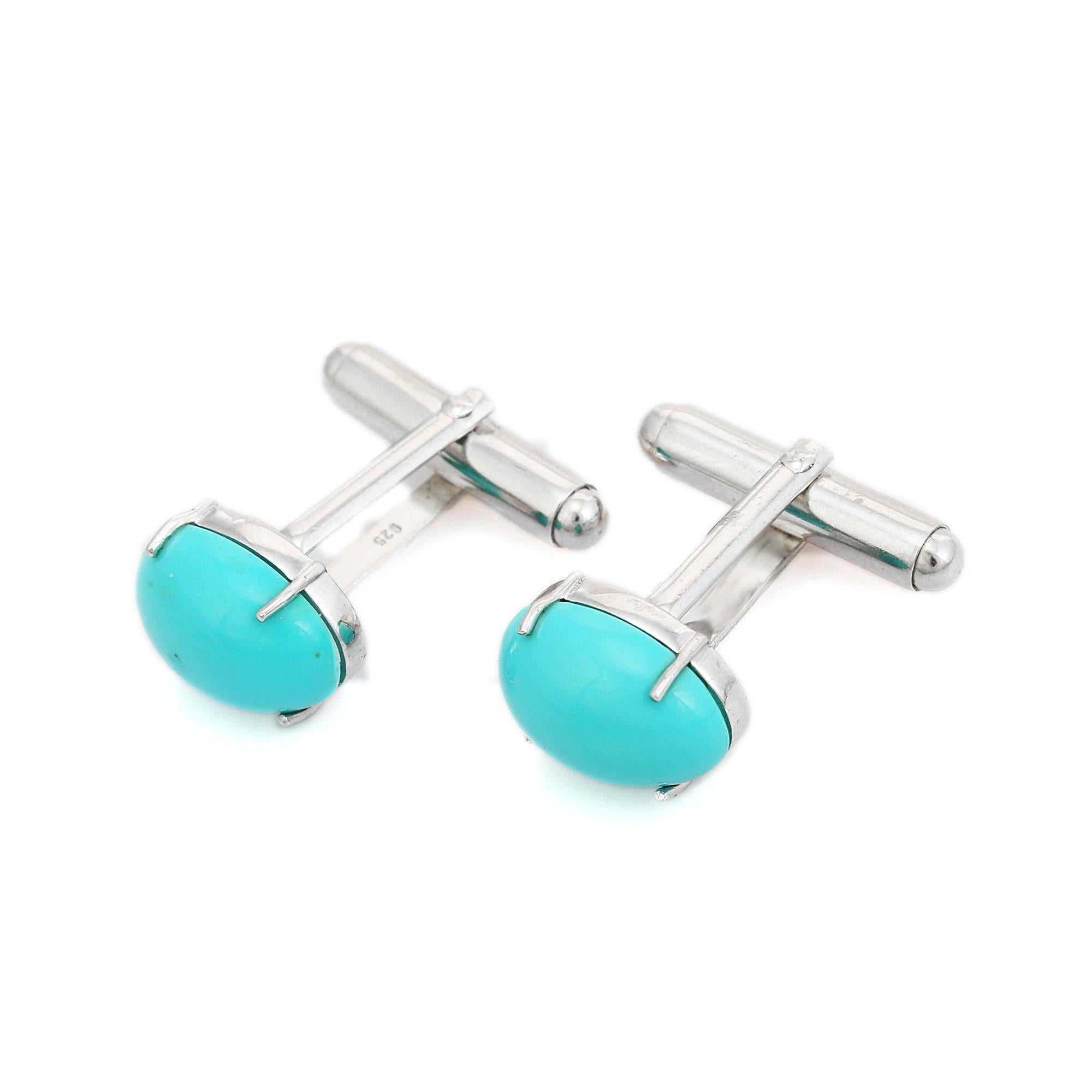 Oval Cut Handcrafted Silver Men’s Cufflinks Set in Oval Turquoise Gemstone Gift for Him For Sale